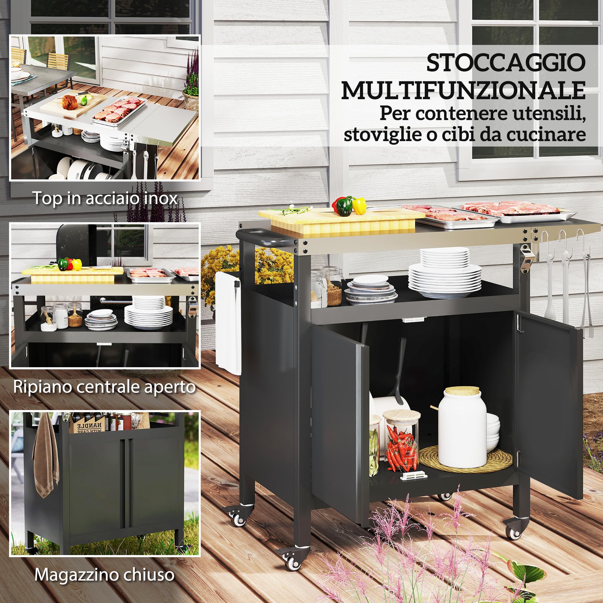 Outsunny Carrello Barbecue con Piano in Acciaio Inox e Tavolino Laterale Pieghevole, Tavolo Cucina da Esterno per Forno Pizza con Ruote, Maniglia, 6 Ganci e Apribottiglie, 116x50x93 cm, Nero