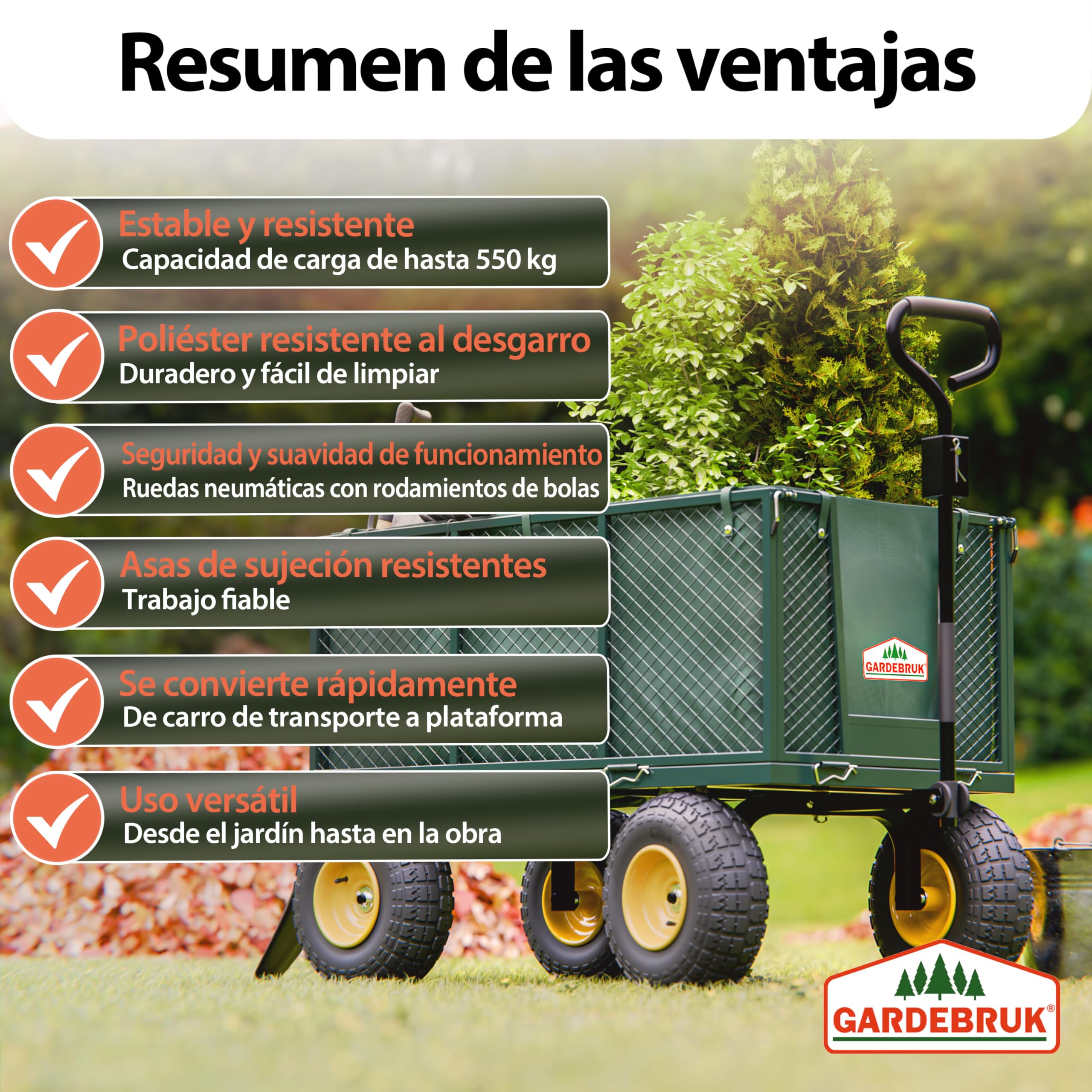 Gardebruk® Carro de Mano Jardín Capacidad Carga 550kg Plegable Lona Extraíble Laterales Desmontables 4 Ruedas Asa Antideslizante Carrito Transporte Obra