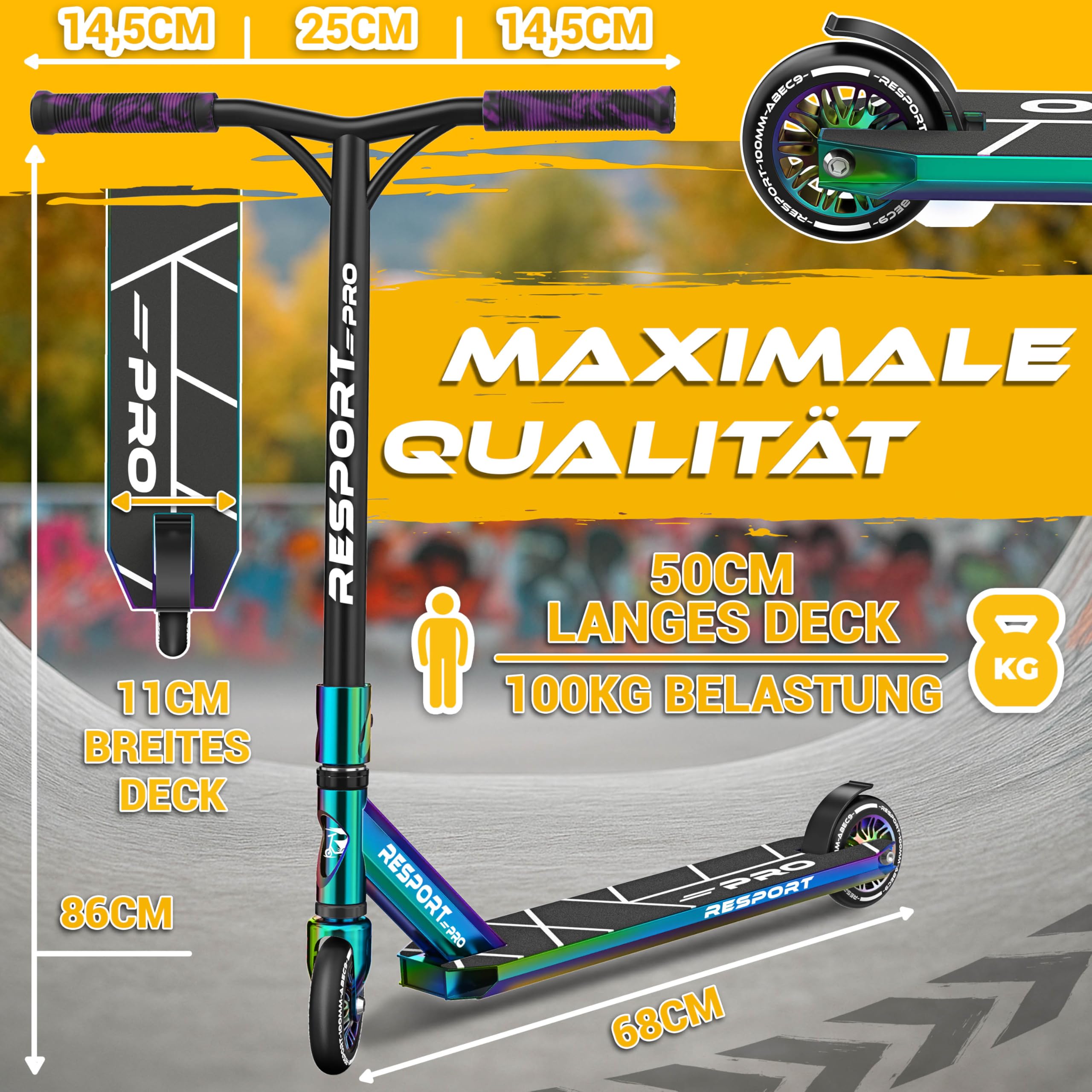 RE:SPORT® Stunt Scooter REVO PRO für Kinder & Erwachsene mit Ständer | Profi Stuntroller 110mm PU Wheels & Y-Bar | Stuntscooter Kickscooter ABEC 9 Kugellager | Tretroller Trickroller