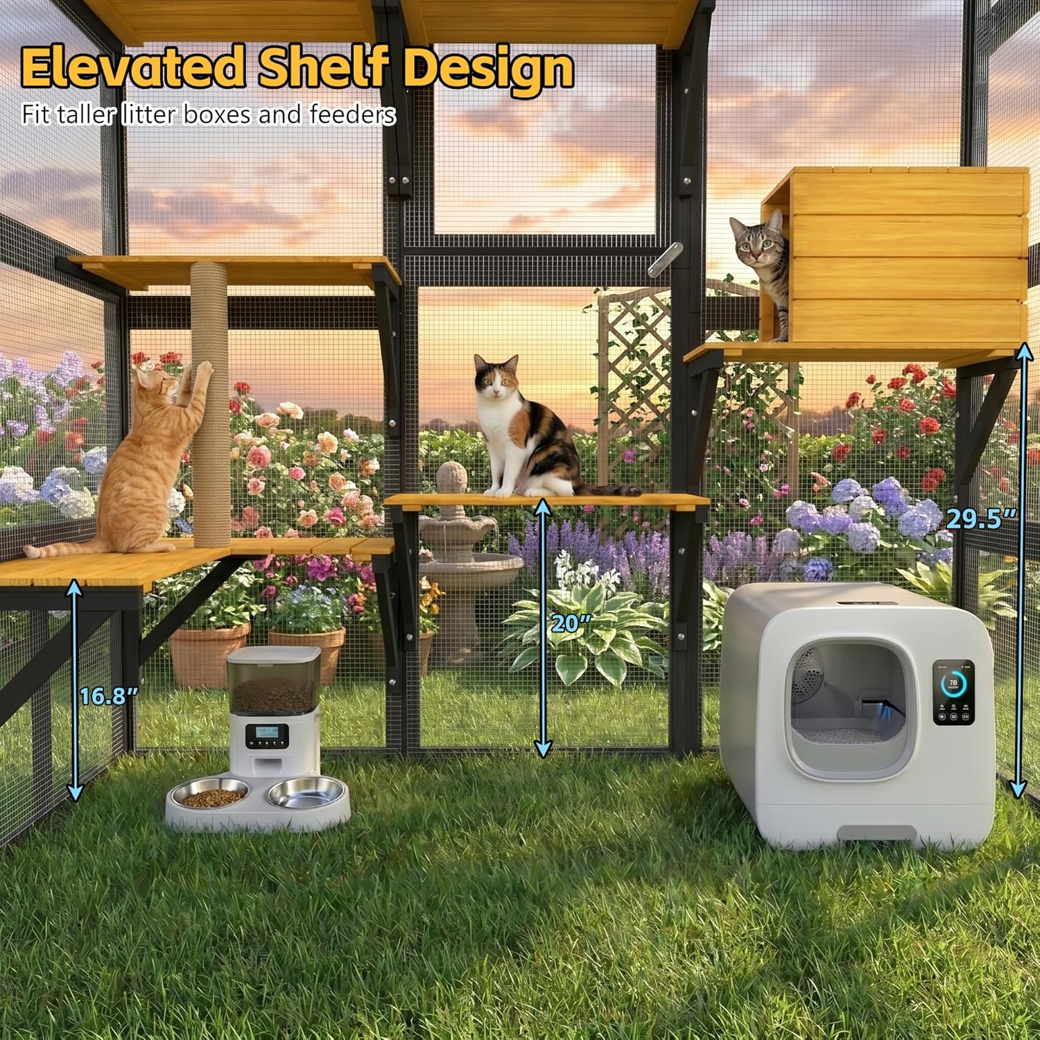 Large Outdoor Wooden Cat Catio Enclosure with Window Connection.Cat House – 2 Condos, 5 Platforms, 4 Doors, Weatherproof Roof & Strong Mesh for Multiple Cats (Walk-in Design)