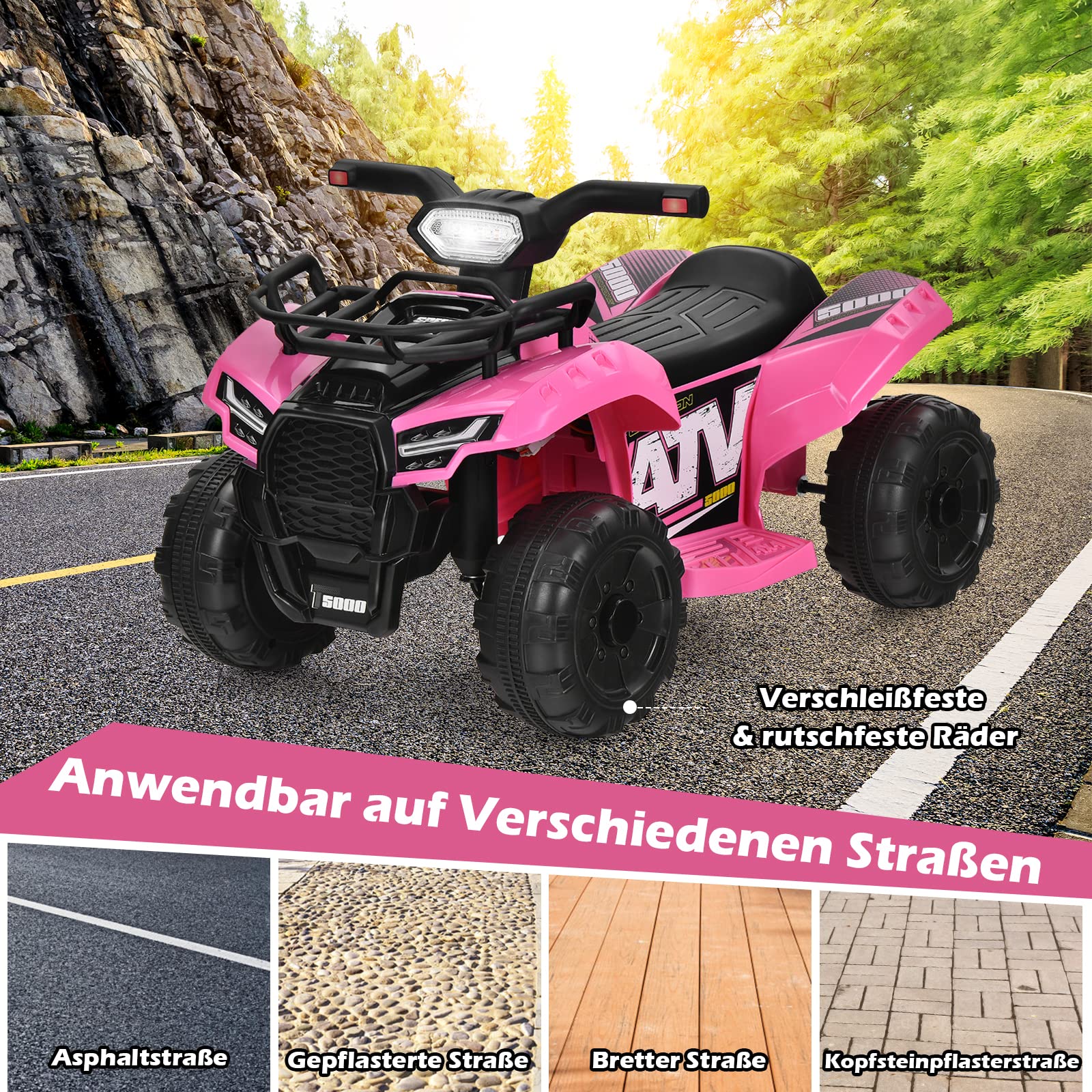 COSTWAY Elektryczny quad dziecięcy 6 V z miejscem do przechowywania, mini quad elektryczny z muzyką, klaksonem i reflektorem LED, quad dziecięcy 2 km/h, dla małych dzieci od 18 miesięcy (różowy)