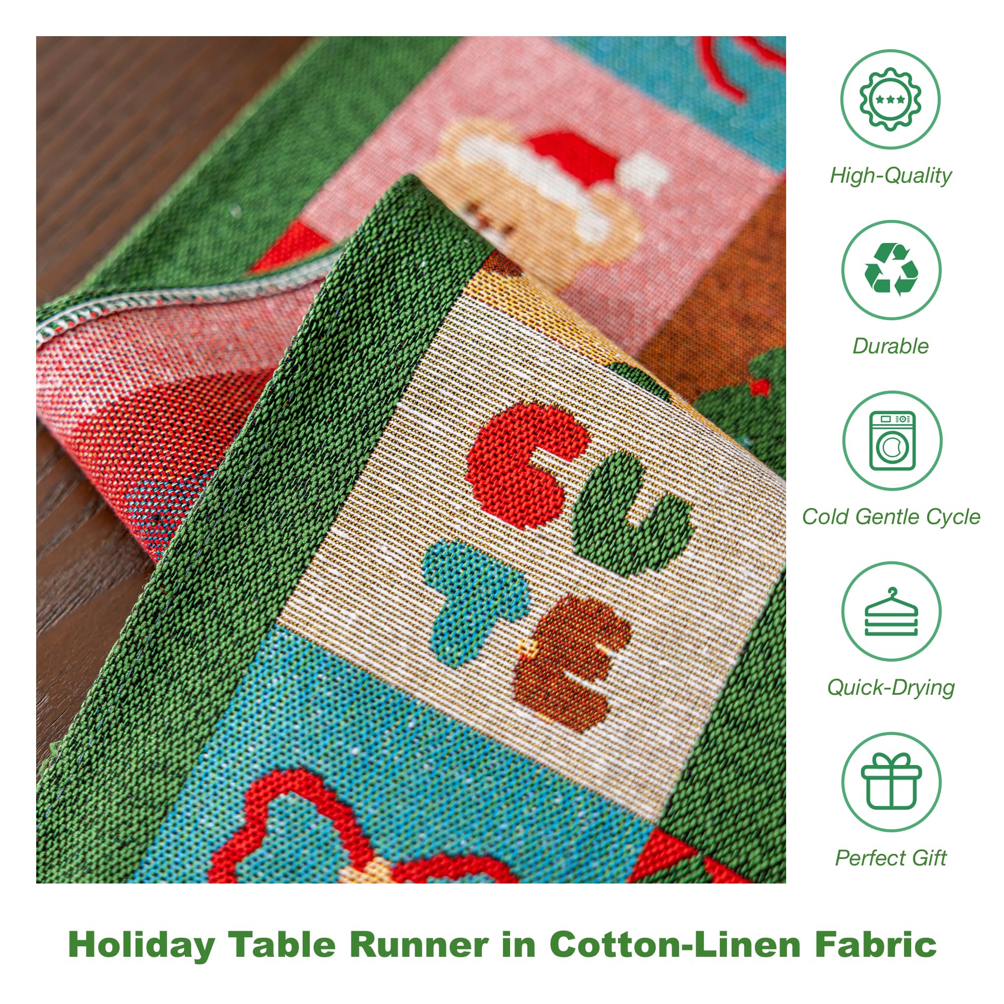 Runner da tavola natalizio con nappe con pompon, misto cotone e lino, decorazione da tavolo per tavolo da pranzo, comò, camino e feste natalizie (verde orso, 34,8 x 240 cm)