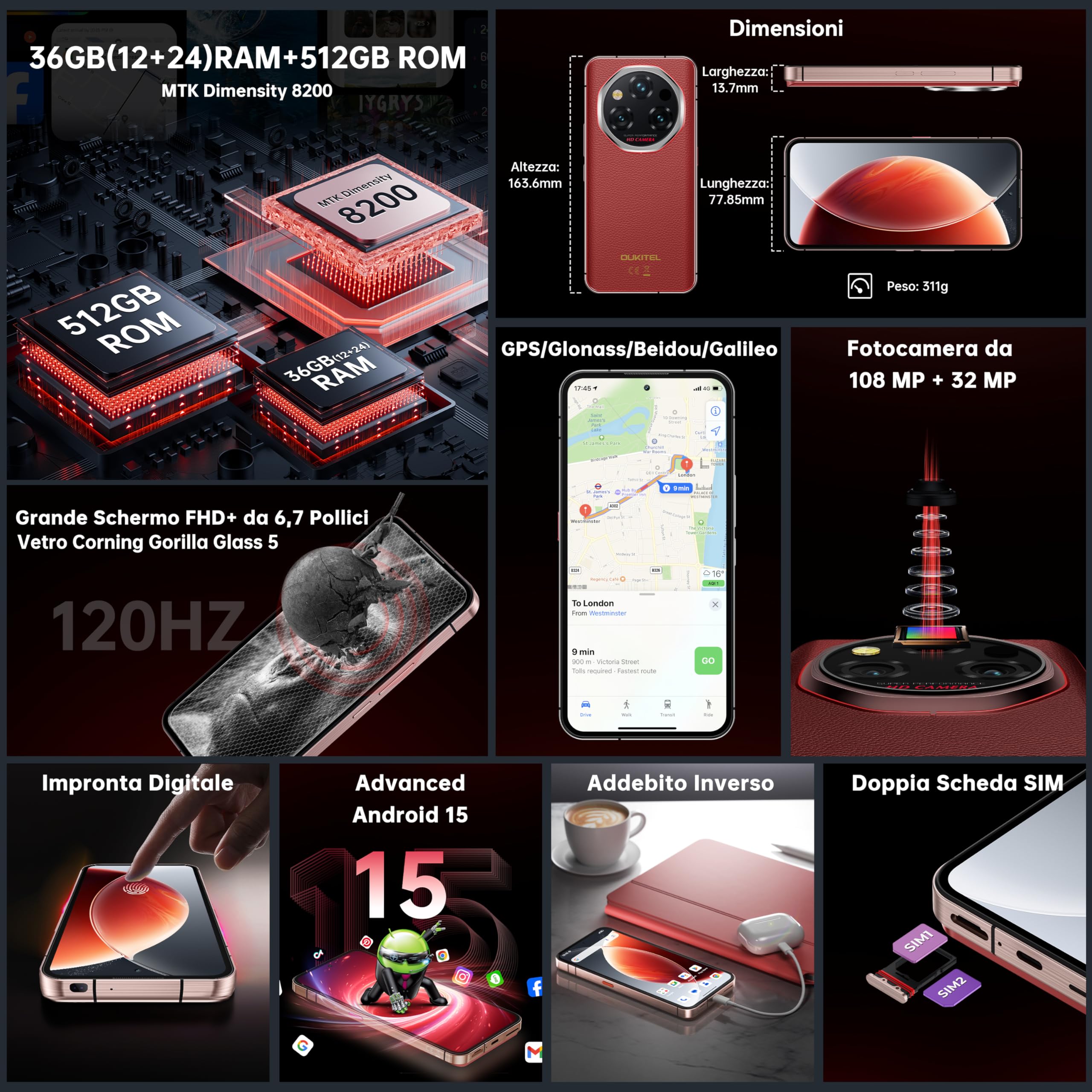 OUKITEL WP210 Rugged Smartphone 5G Andriod 15-6.7" FHD+ AMOLED, 36GB+512GB Telefono Indistruttibile, 108MP+32MP Fotocamera, 8800mAh/45W, 120Hz/ Impronta Digitale/Face ID/Dual SIM/NFC/GPS - Rosso