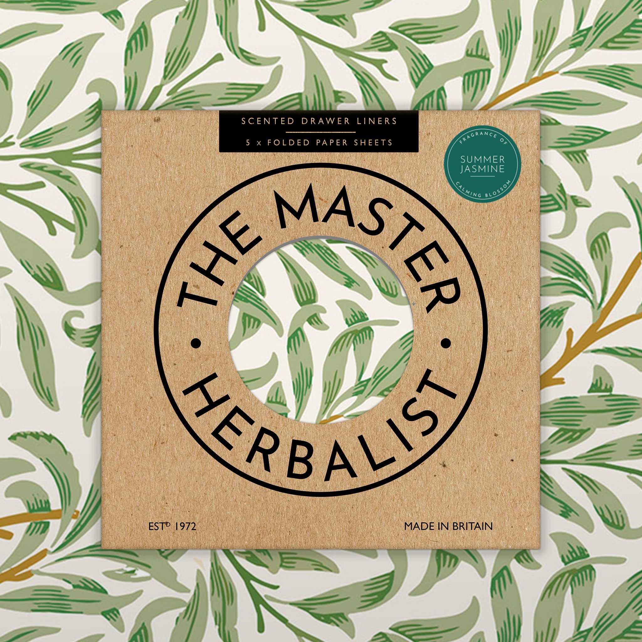Summer Jasmine Scented Drawer Liners in a William Morris Willow Design | Gift Pack of 5 Large Folded Sheets (60 x 42cm) | Contains Essential Oils | Made in the UK by The Master Herbalist