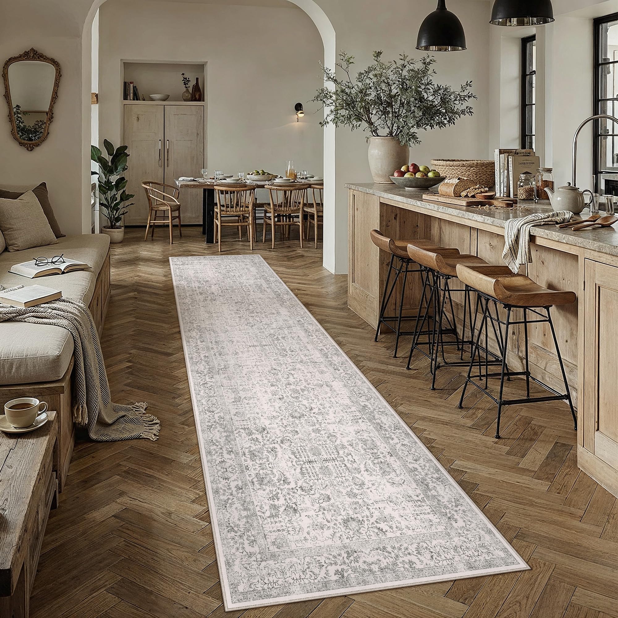 PureCozy Gray Runner Rug 3x14 Hallway Machine Washable Kitchen Vintage Distressed Non Slip Long Carpet Indoor Grey Retro Floral Bedroom Accent Throw Rug for Bathroom Office Laundry Dining Living Room โ image 1