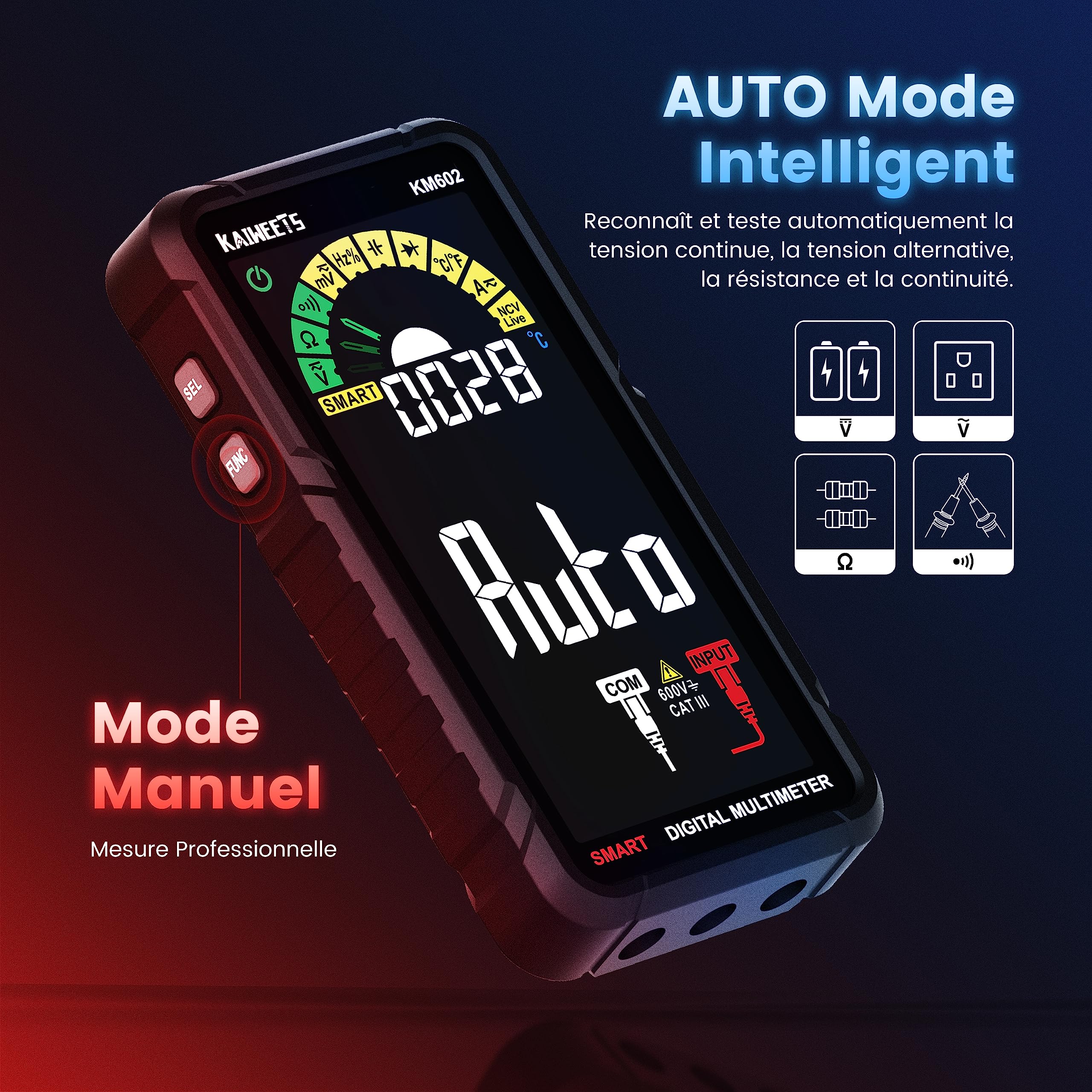 KAIWEETS Multimètre Automatique Rechargeable 6000 Comptes, Multimètre Numérique Professionnel, Testeur Electrique, Mesure de Courant Tension Résistance Continuité Capacité Diode Fréquence