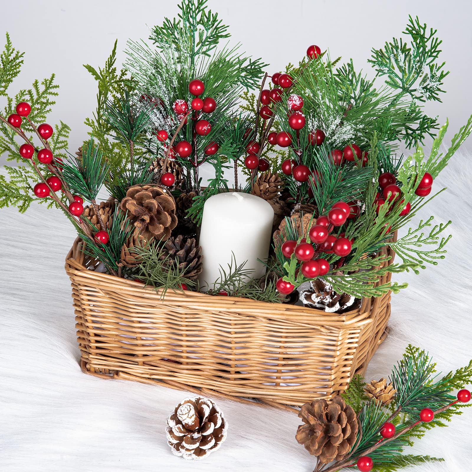 AnyDesign Weihnachtsspieße, künstliche Beeren, Tannenzapfen, Stiele, 4 Stile, künstliche Tannenzapfen, rote Beeren, Stiel, Sprühzweige für Kunst, Handwerk, Kranz, Girlande, Weihnachtsdekoration
