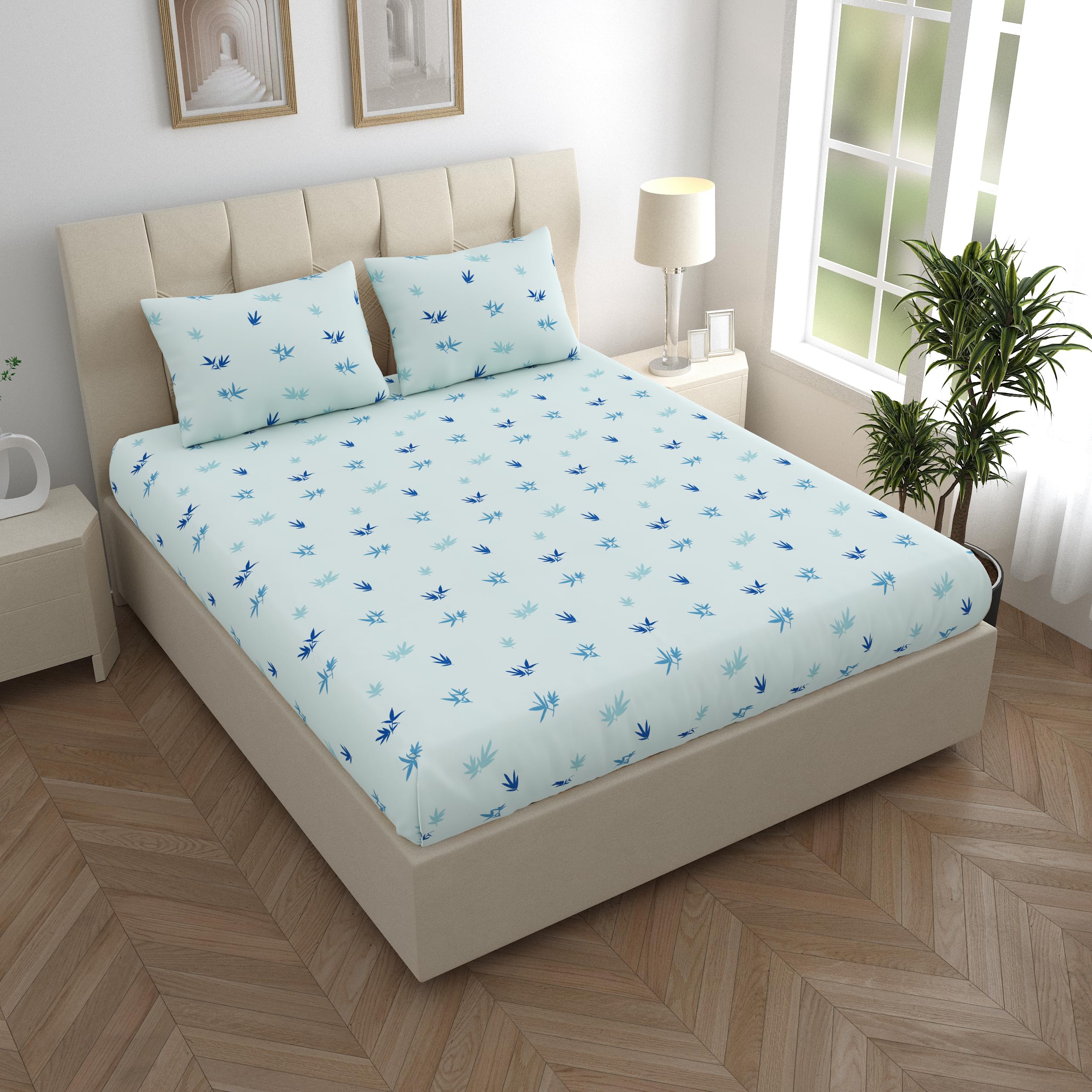 LINENWALAS 100% Cotton Queen Size Fitted Bed Sheet for Double Bed, Printed All Around Elastic Bedsheet (60 x 78 Inches) with 2 Pillow Covers | 210 TC Soft, Breathable, Luxury Bedsheet (Blue Leaf)