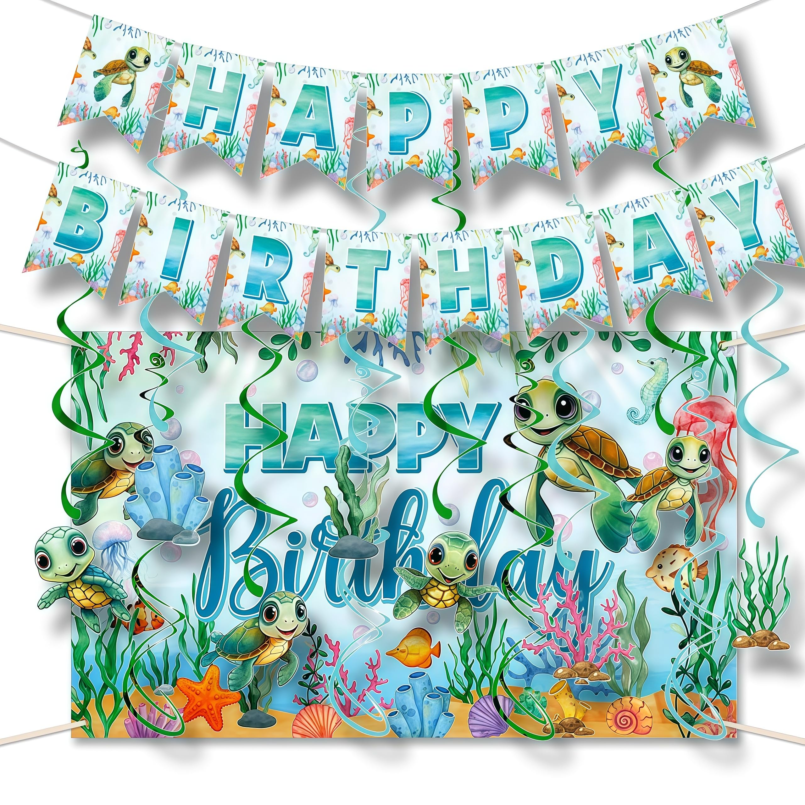Sea Turtle Birthday Decorations Include Happy Birthday Banner, Backdrop, Hanging Swirls,Sea Turtle Theme Happy Birthday Sign for the Party Supplies