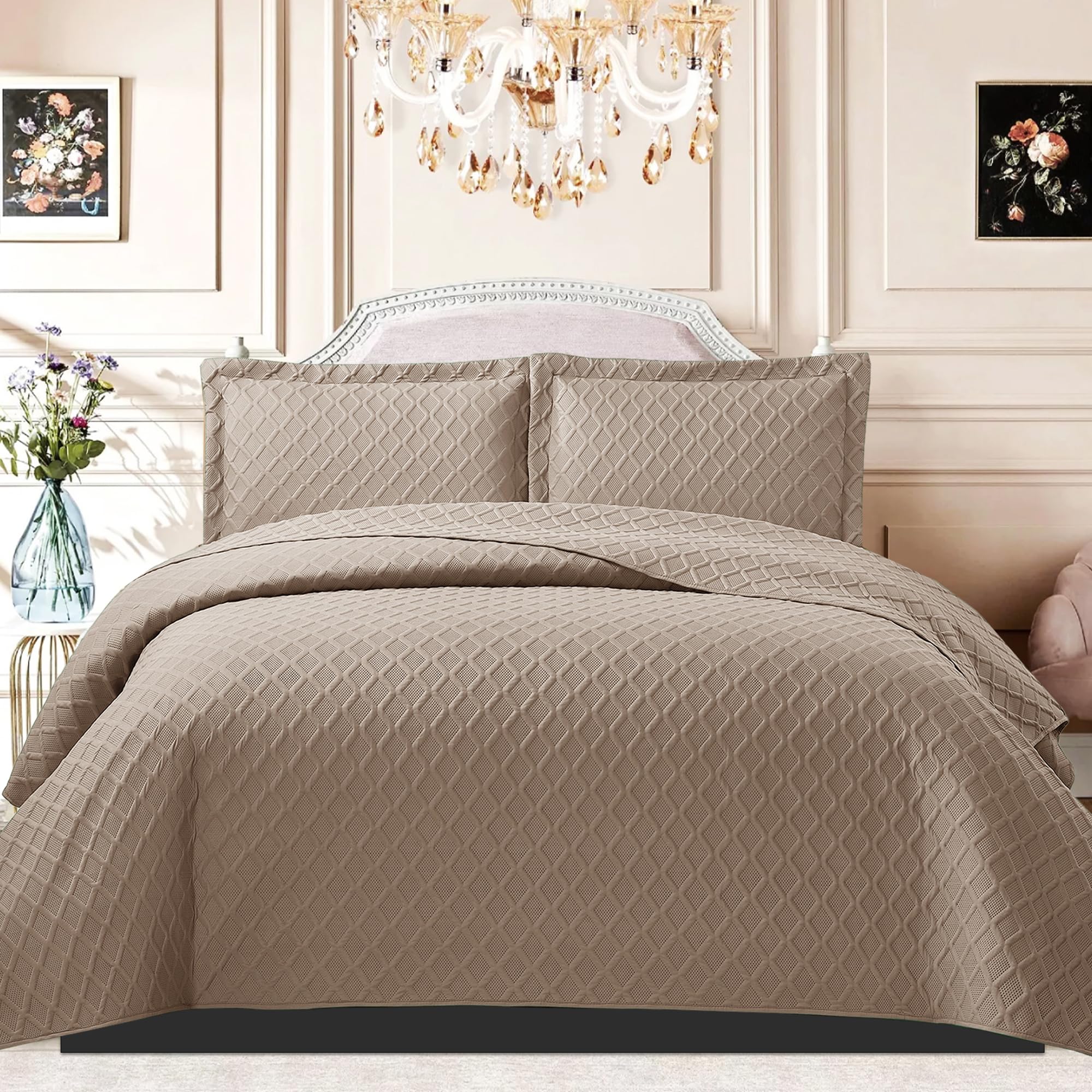 B&B Quilted Bedspread Bed Throws - Luxury Embossed Diamond Check Pattern Reversible Quilt Bedspreads Coverlets for Bedroom Decor with Matching Pillow Shamss (Super King, Mink)