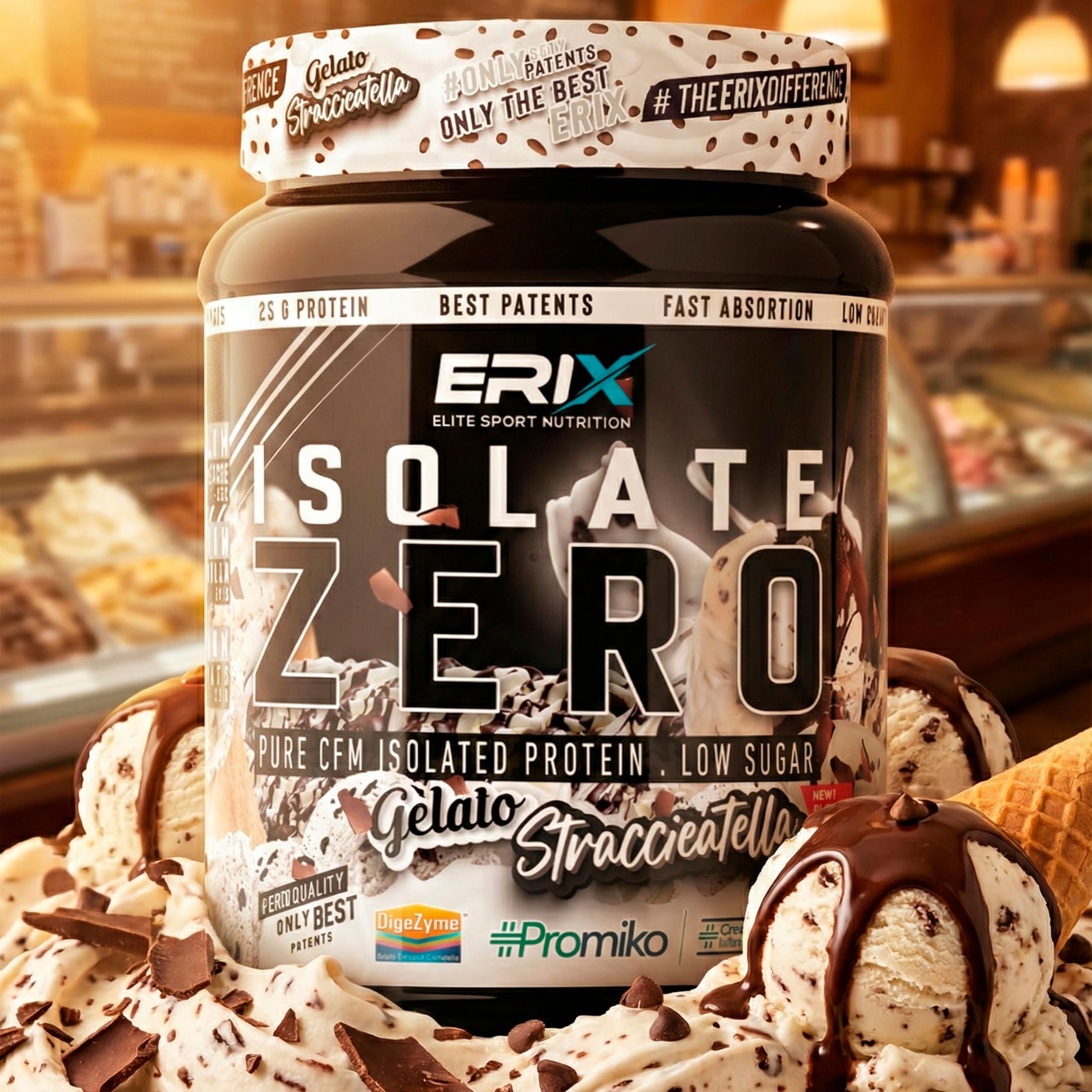 ERIX Nutrición ISO Zero 900g, Proteína Aislada de Suero CFM, Alta Pureza, Sin Azúcares añadidos, Bajo en Grasa y Lactosa, Alimento Deportivo para Rendimiento Muscular (Straciatella)