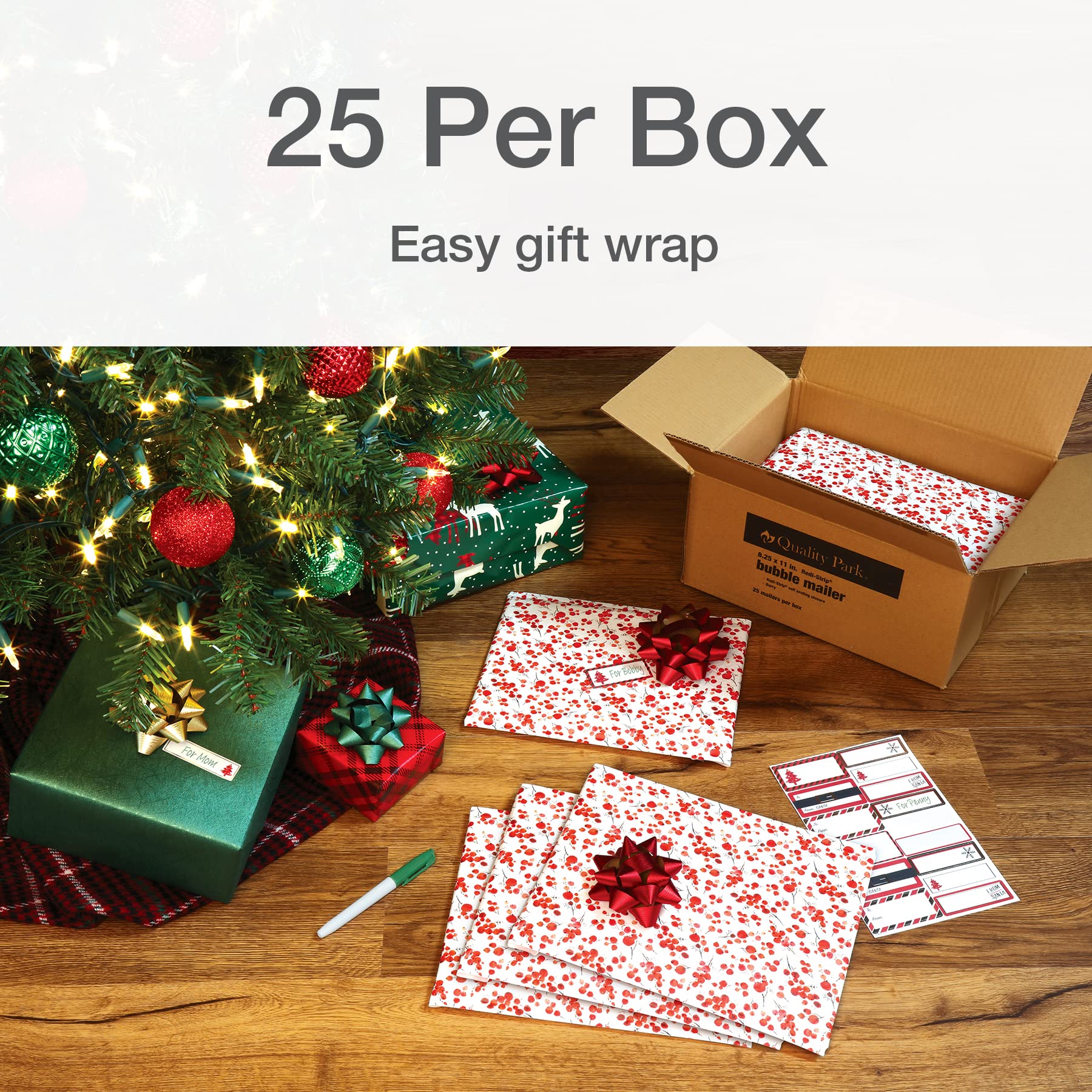 Quality Park Luftpolster-Versandtaschen, 21 x 27,9 cm, Weihnachtsversandumschläge, wasserabweisend, Poly-gepolsterte Umschläge, Beeren-Druck, 25 Stück (QUA85873)