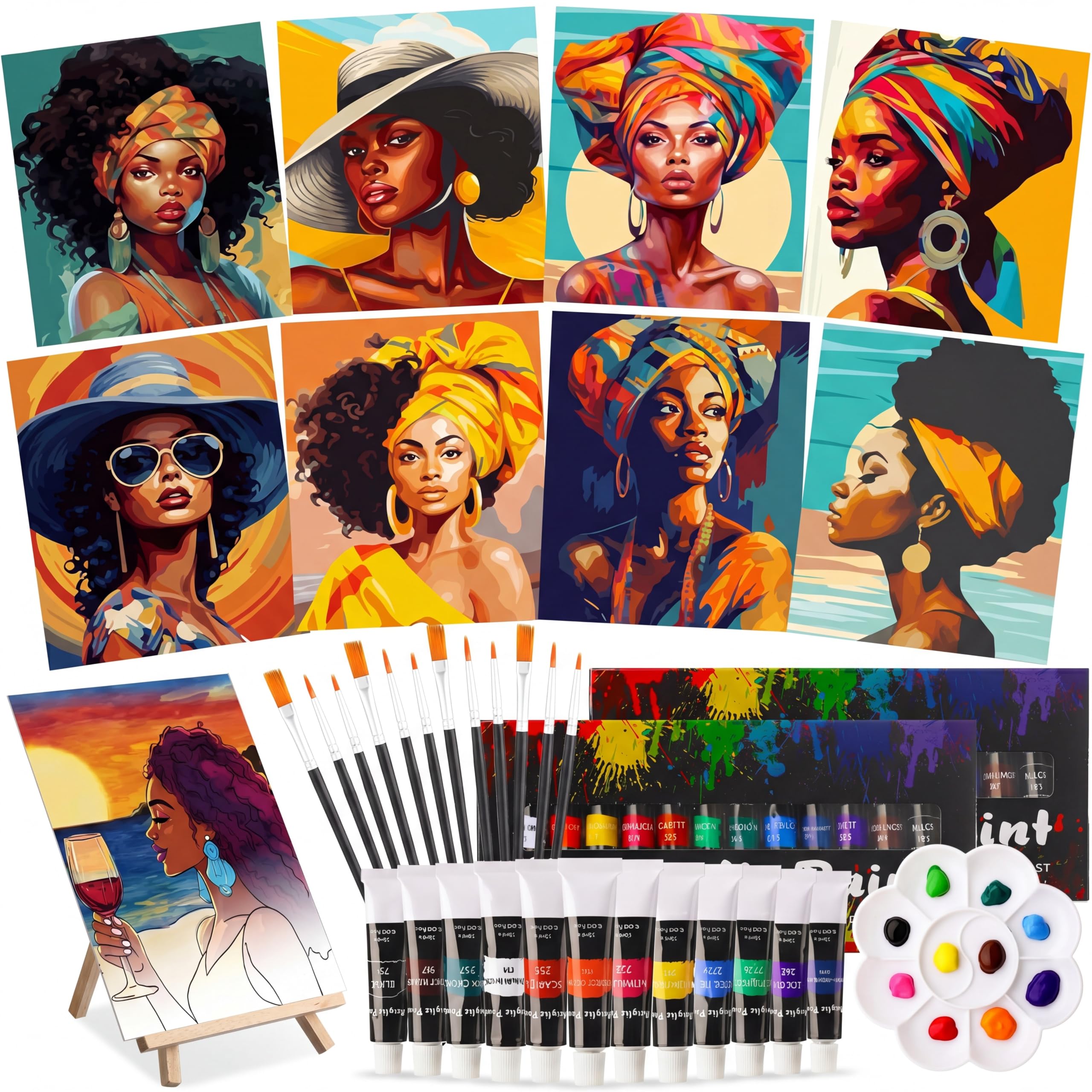 Cholemy Mal- und Trinkset für Erwachsene, 20,3 x 25,4 cm, vorgezeichnete Leinwand zum Malen, DIY, Afro-Acryl-Malset, Holzstaffelei-Pinsel, Datums-Nacht, Großpackung für Vatertag, Party, Geschenke