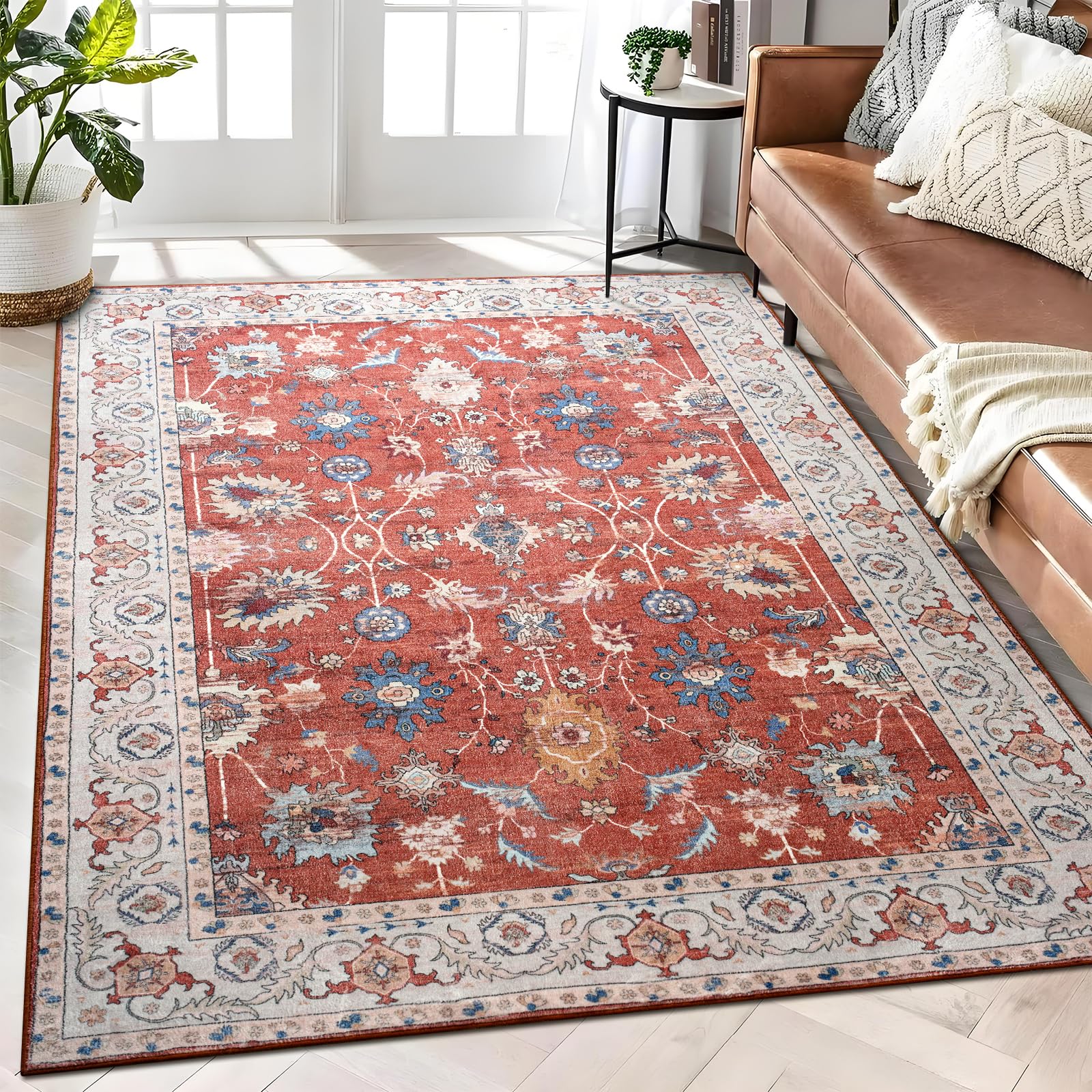 5x7 Washable Area Rugs for Living Room, Non-Slip Rug for Bedroom Non Slip Floral Vintage Print Rug Low Pile Carpet for Dining Kids Room Playroom Nursery Home Decor (Red, 5x7)