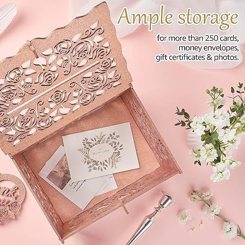 Miniatura 7 de Caja de madera para tarjetas de boda con cerradura (oro rosa, 12 pulgadas), caja de dinero sobre para recepción de boda, baby shower y fiesta de