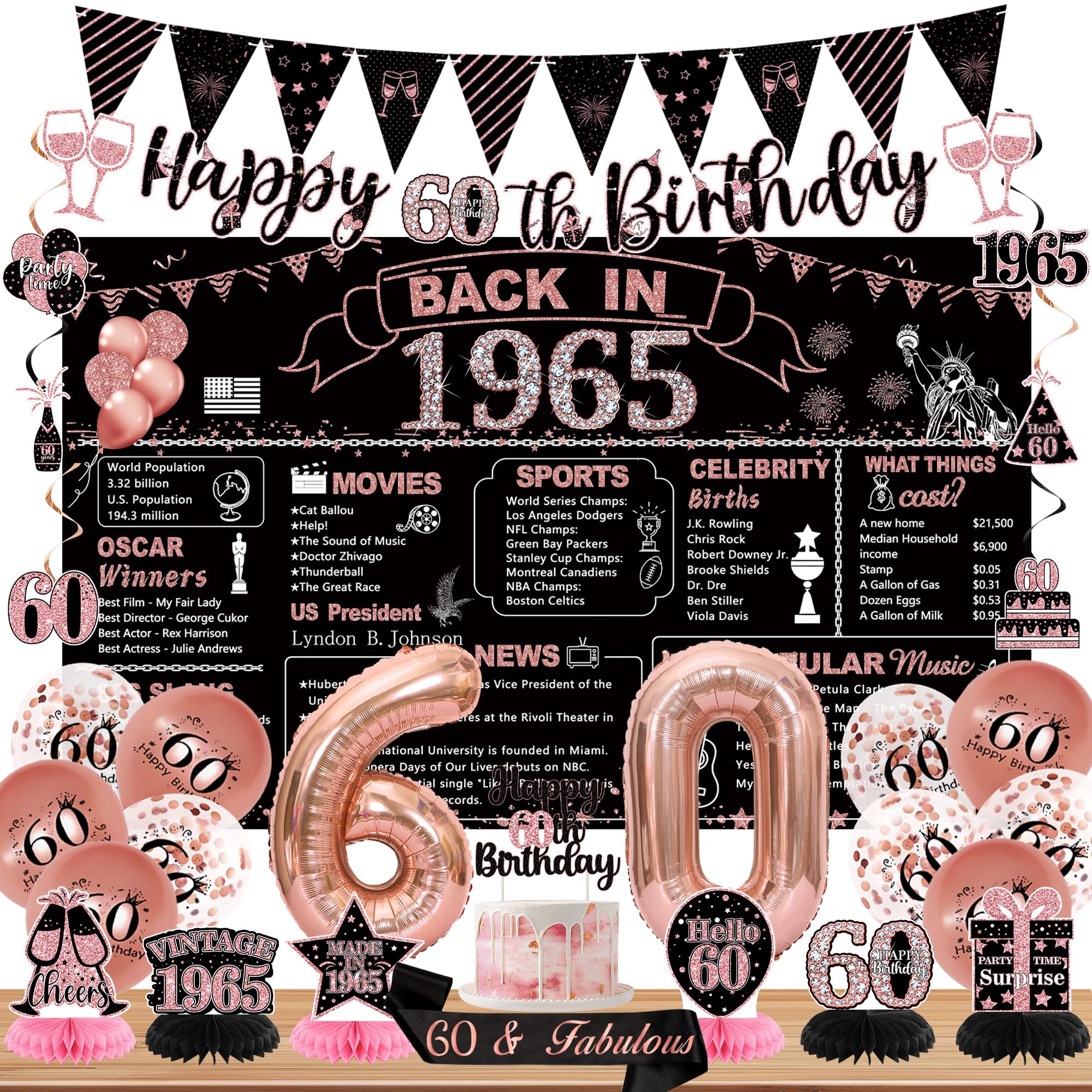 DARUNAXY 60th Birthday Party Decorations for Women, Rose Gold Back in 1965 Banner, Rose Gold 60 Number Balloons & Cake Topper, Vintage 1965 60 Birthday Honeycomb Hanging Swirl Confetti Balloons(28PC)