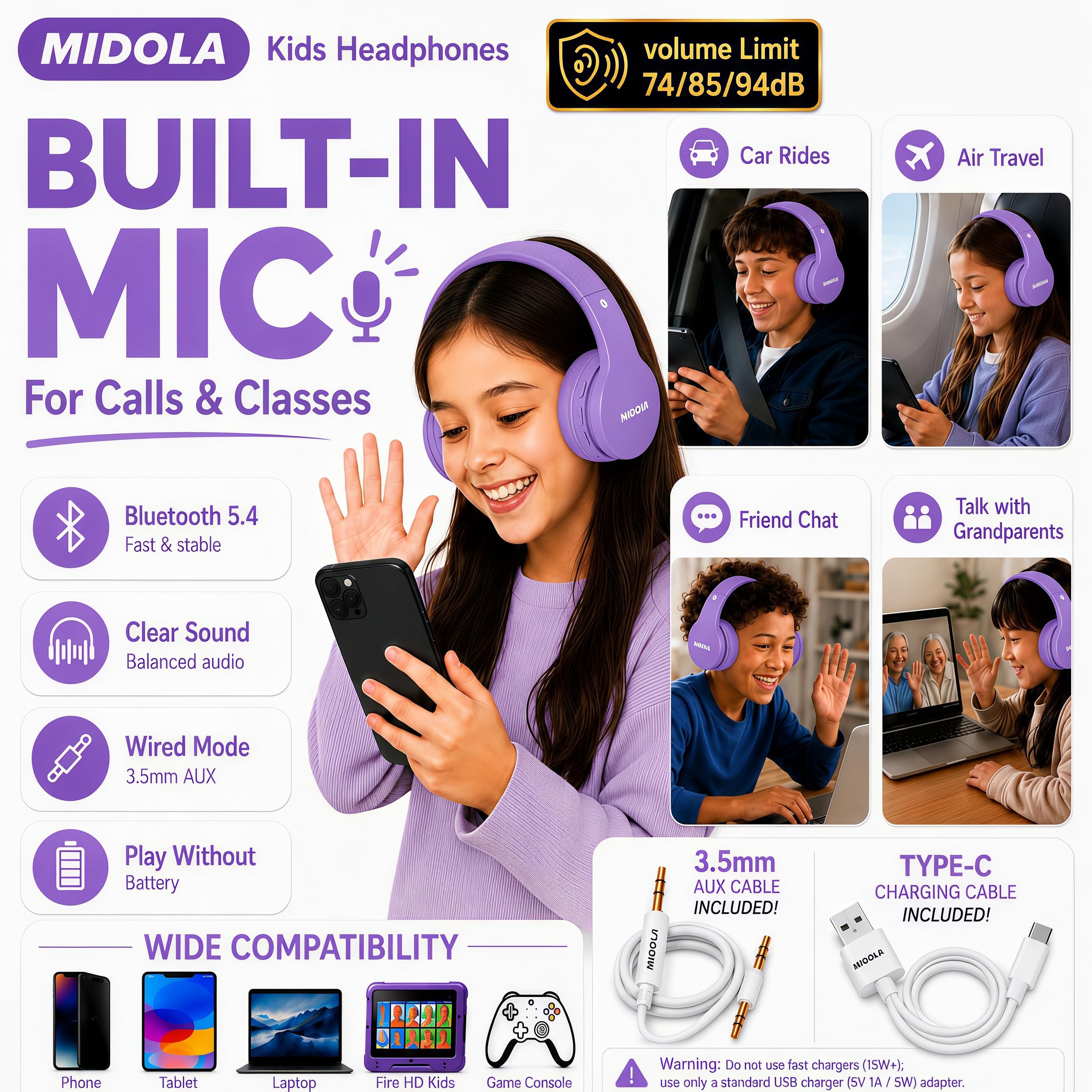 MIDOLA Auriculares inalámbricos Bluetooth para niños, límite de Volumen, 85 dB, 110 dB, Plegables, protección contra el Ruido, AUX de 3,5 mm, micrófono para niños, niñas, Viajes, Escuela, teléfono