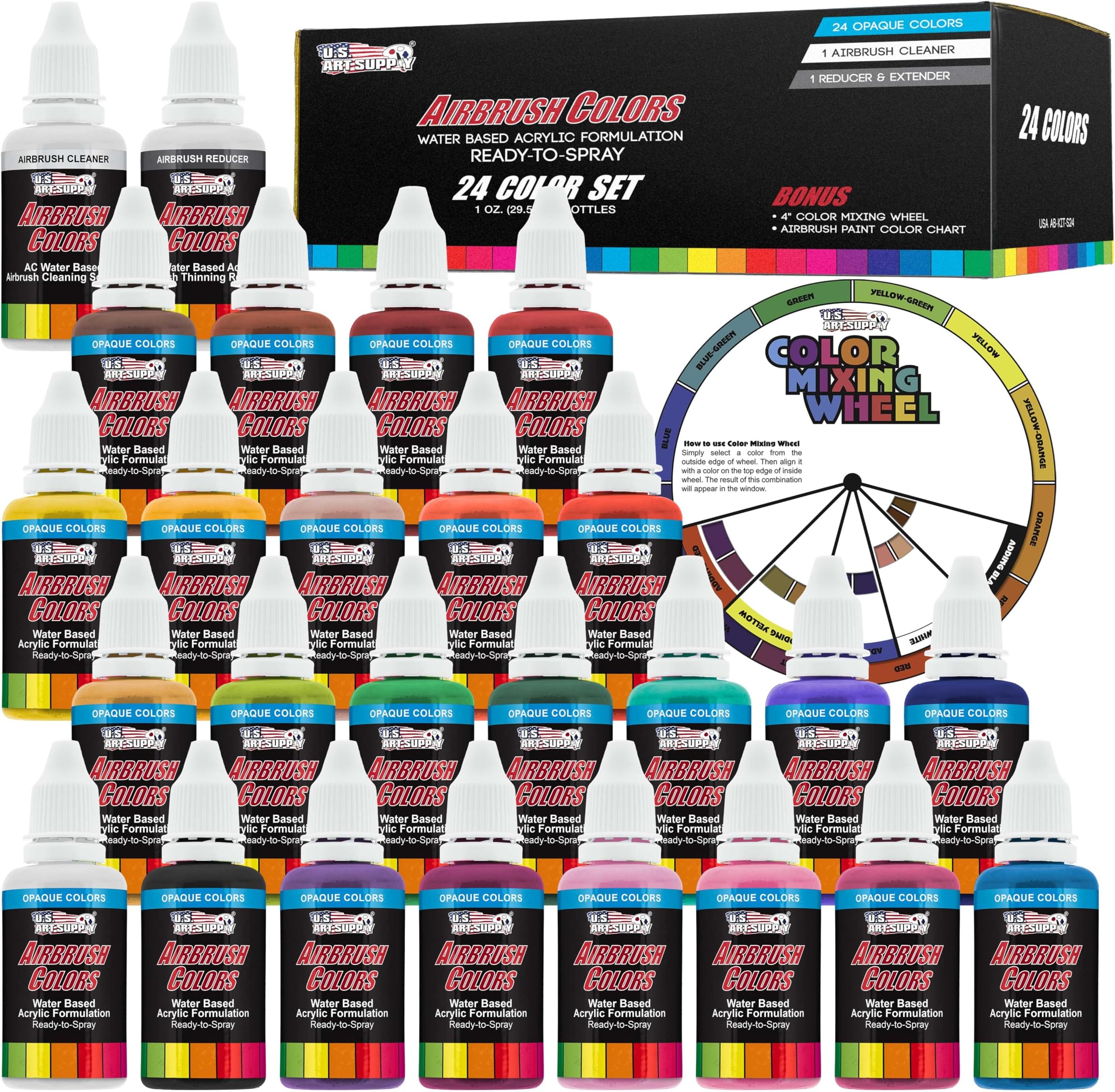 U.S. Art Supply 24 Color Acrylic Airbrush, Leather & Shoe Paint Set Opaque Colors Plus Reducer, Cleaner & Color Mixing Wheel