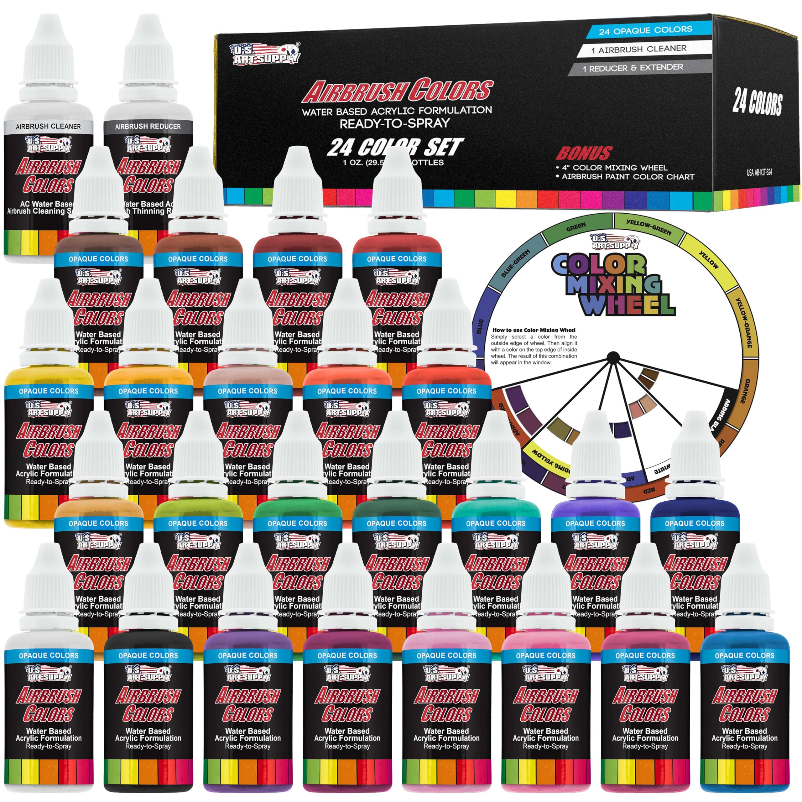 U.S. Art Supply 24 Color Acrylic Airbrush, Leather & Shoe Paint Set Opaque Colors Plus Reducer, Cleaner & Color Mixing Wheel