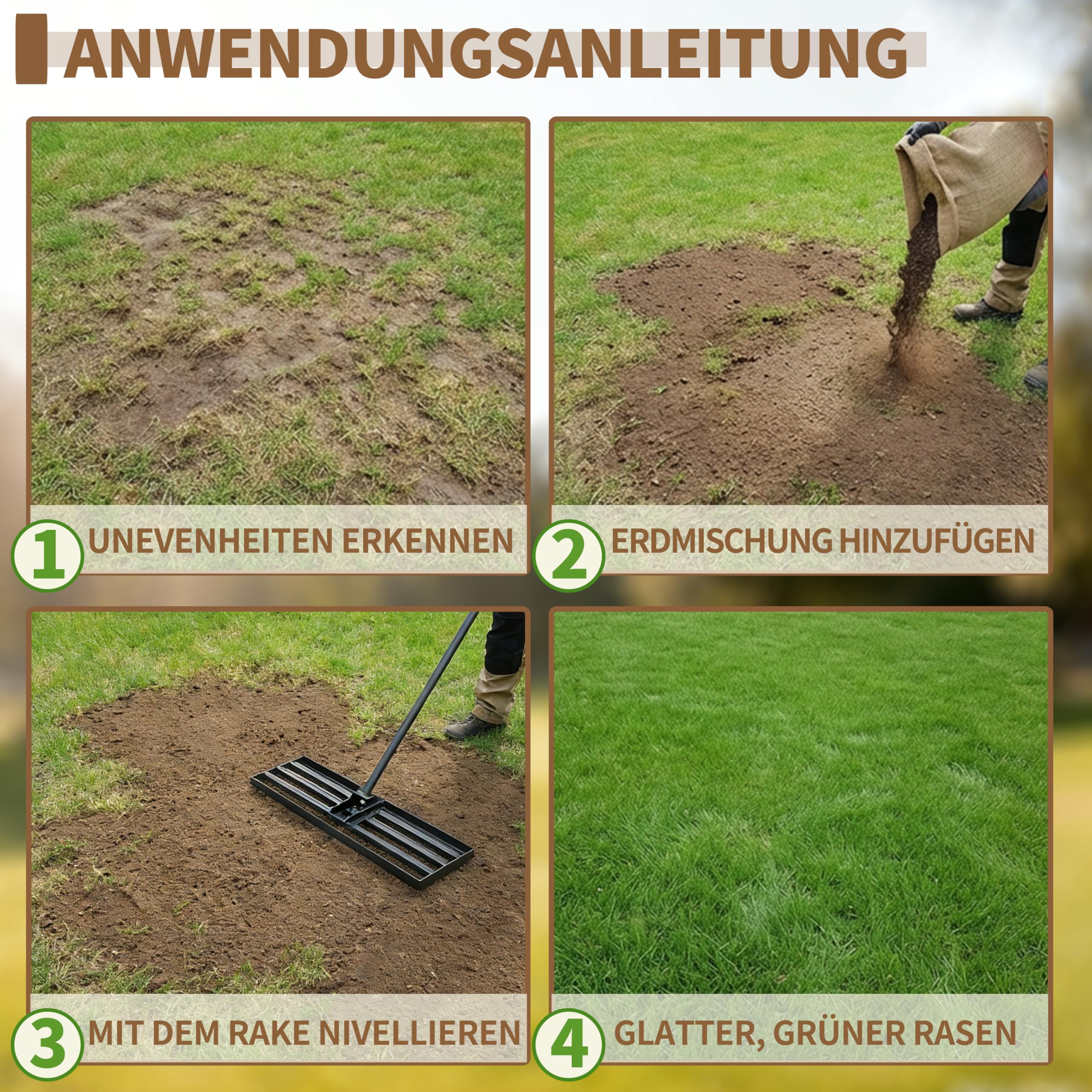 Rasen Rakel XXL,120x25cm Schwerer Nivellierrechen mit ergonomisch gebogenem 185cm Griff,Rasenrechen für Erde, Kies, Dünger, Ideal für Garten, Hof und Golfplatz Rasennivellierer