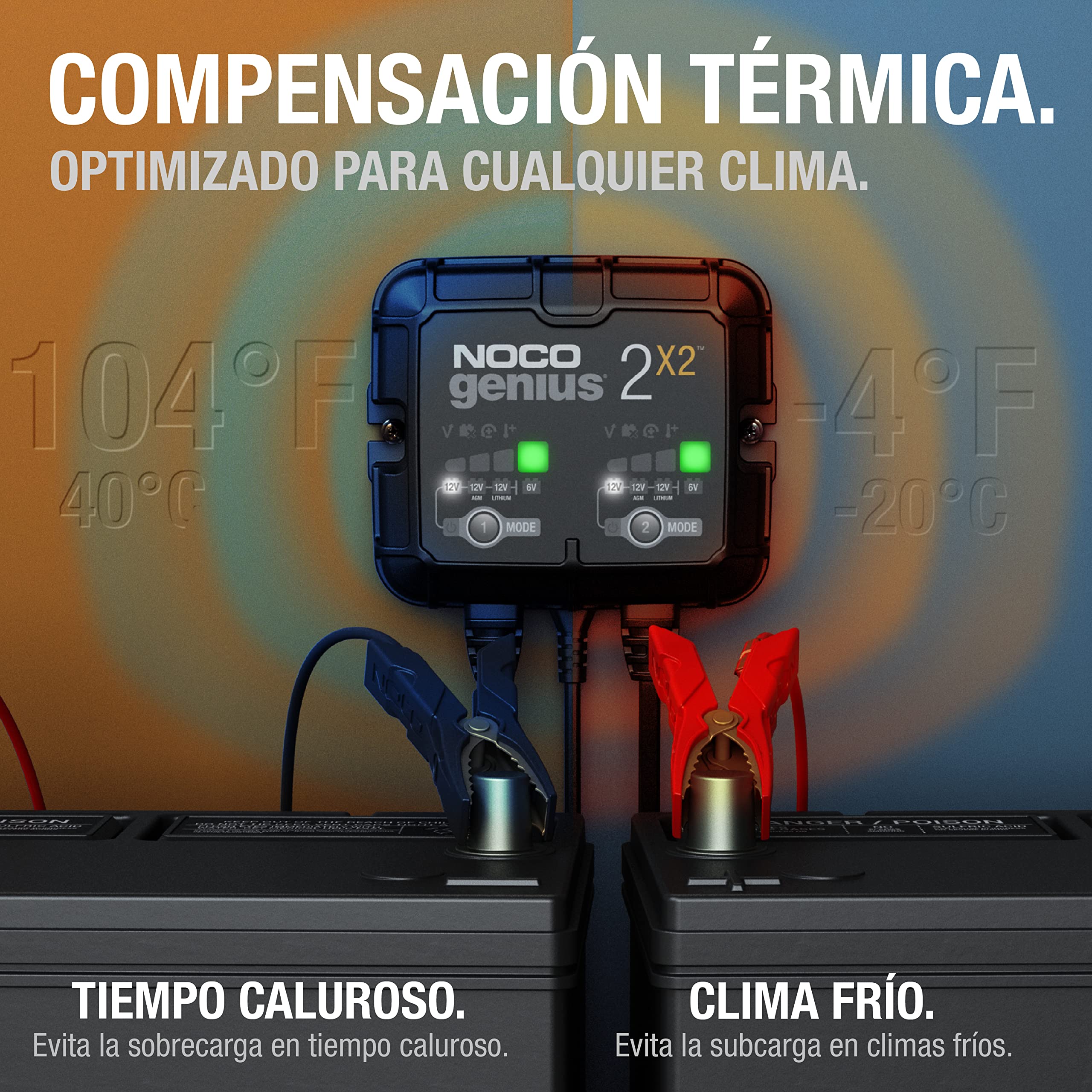 NOCO GENIUS2X2: Cargador Inteligente de baterías 4A con 2 Bancos (2A/Banco) – Mantenedor automático y desulfatador 6V/12V – Protección contra sobrecarga – para baterías de Plomo y Litio