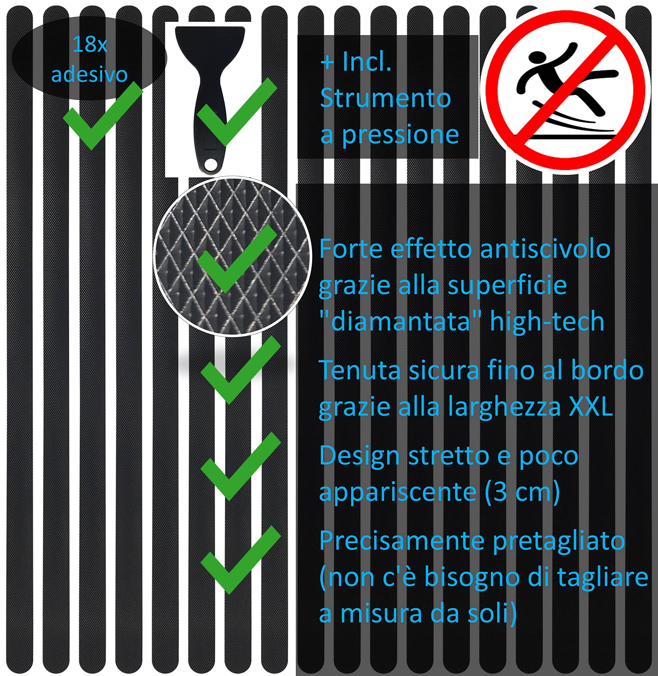 Strisce Antiscivolo per Scale | Nastro Antiscivolo Nero Pretagliato, Strisce Antiscivolo XXL (90x3 cm) | Adesivi Antiscivolo per Interni - Confezione da 18