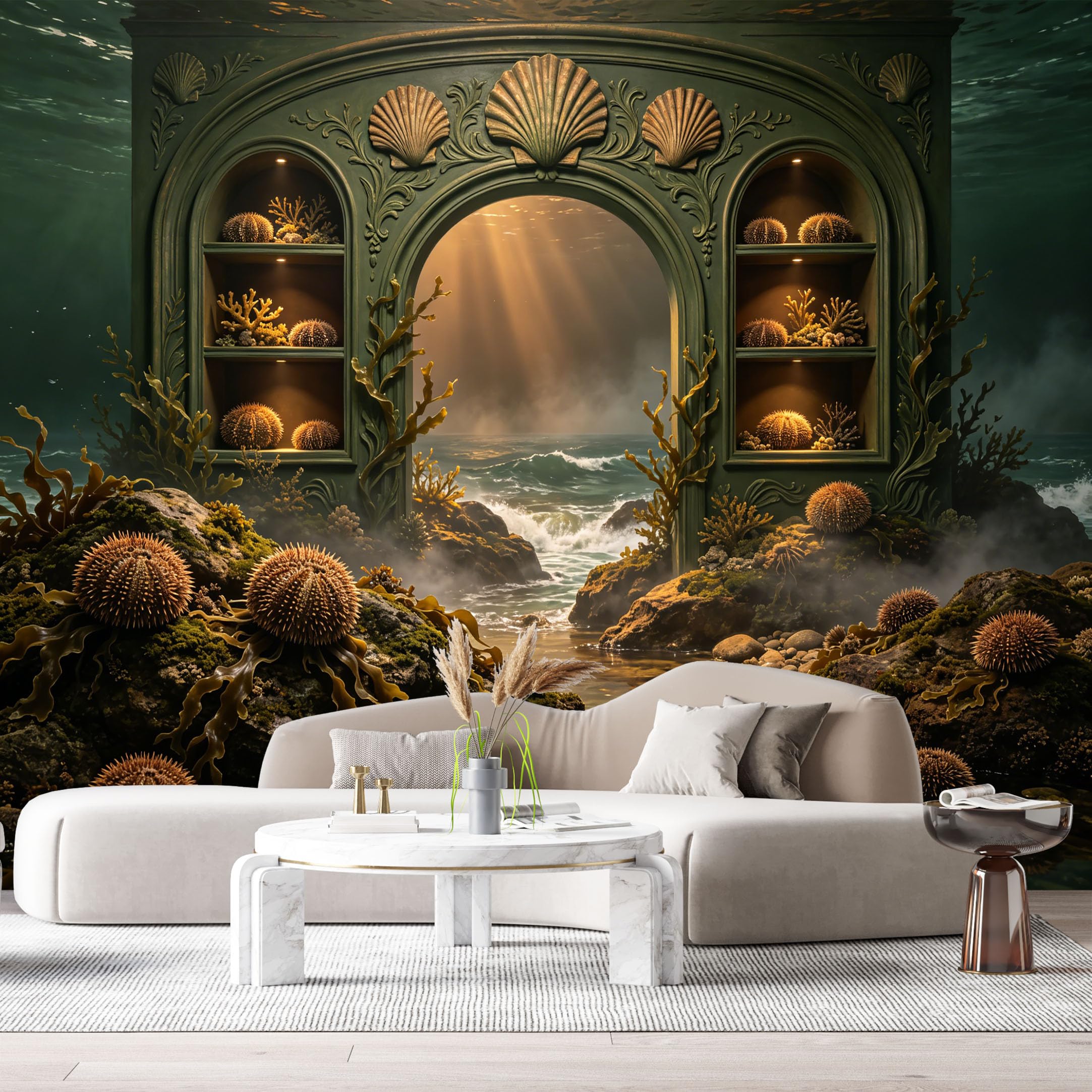 Custom Size Wall Murals Fantasy Underwater Palace Ocean Mural Oil Painting 3D Trompe L'Oeil SelfAdhesiveWall Fabric Removable Wallpaper Wall Decor for Living Room Bedroom Bathroom