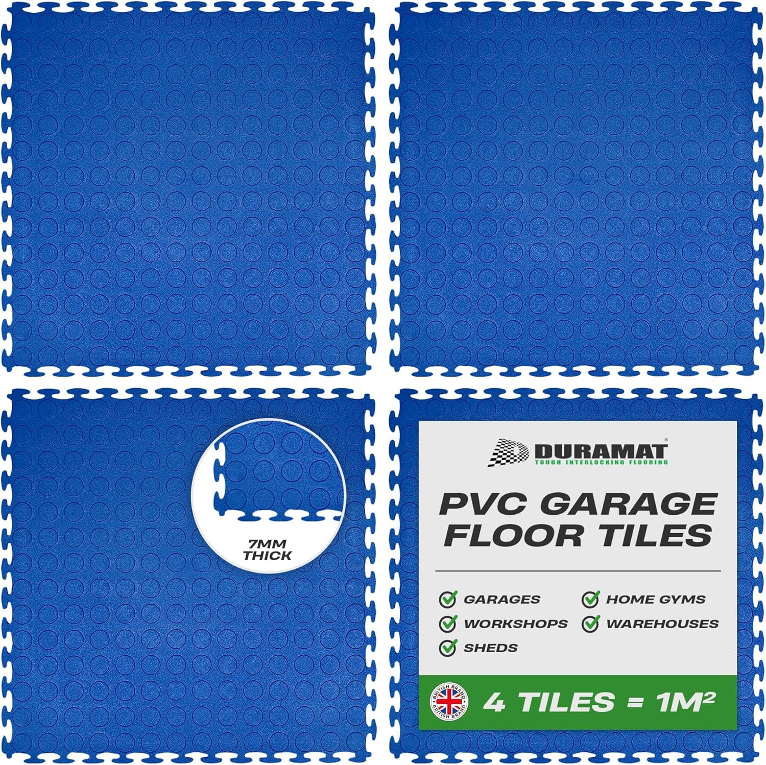 DuraStud Blue Heavy Duty Interlocking Garage Flooring Tiles | 500mm x 500mm x 7mm | PVC Garage Floor Tiles for Garage, Workshop, Home Garage & Showroom Flooring | Pack of 4 Tiles
