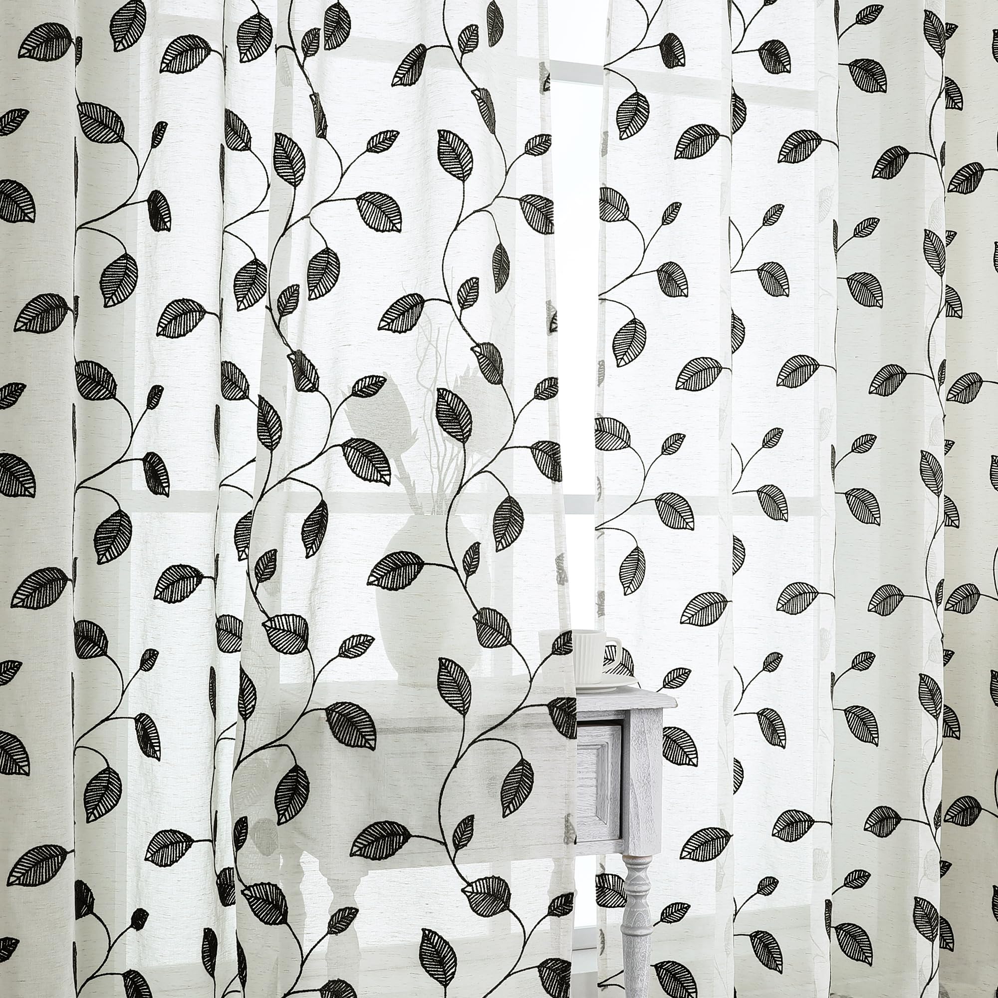 OVZME Sheer Curtains - Embroidered Leaf Drapes -10