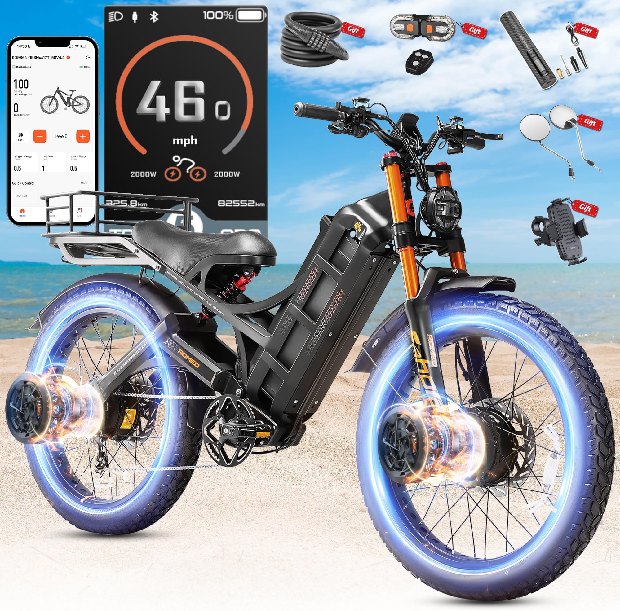 eAhora Romeo Pro 2/3 34-50Mph Electric Bike for Adults, 1600/2500/4000/5600W Dual Motor Ebike 48-60V 60-80Ah Battery 100-235 Mile Long Range, 26*4.0"/20*4.5" Fat Tire, Full Suspension, All Terrain