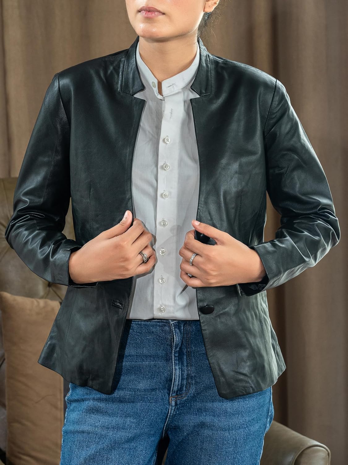 Jild Mandarin Collar Leather Blazer Women - Invisible Stitch Elegant Casual Coat Style Lambskin Leather Jacket Women - Image 3