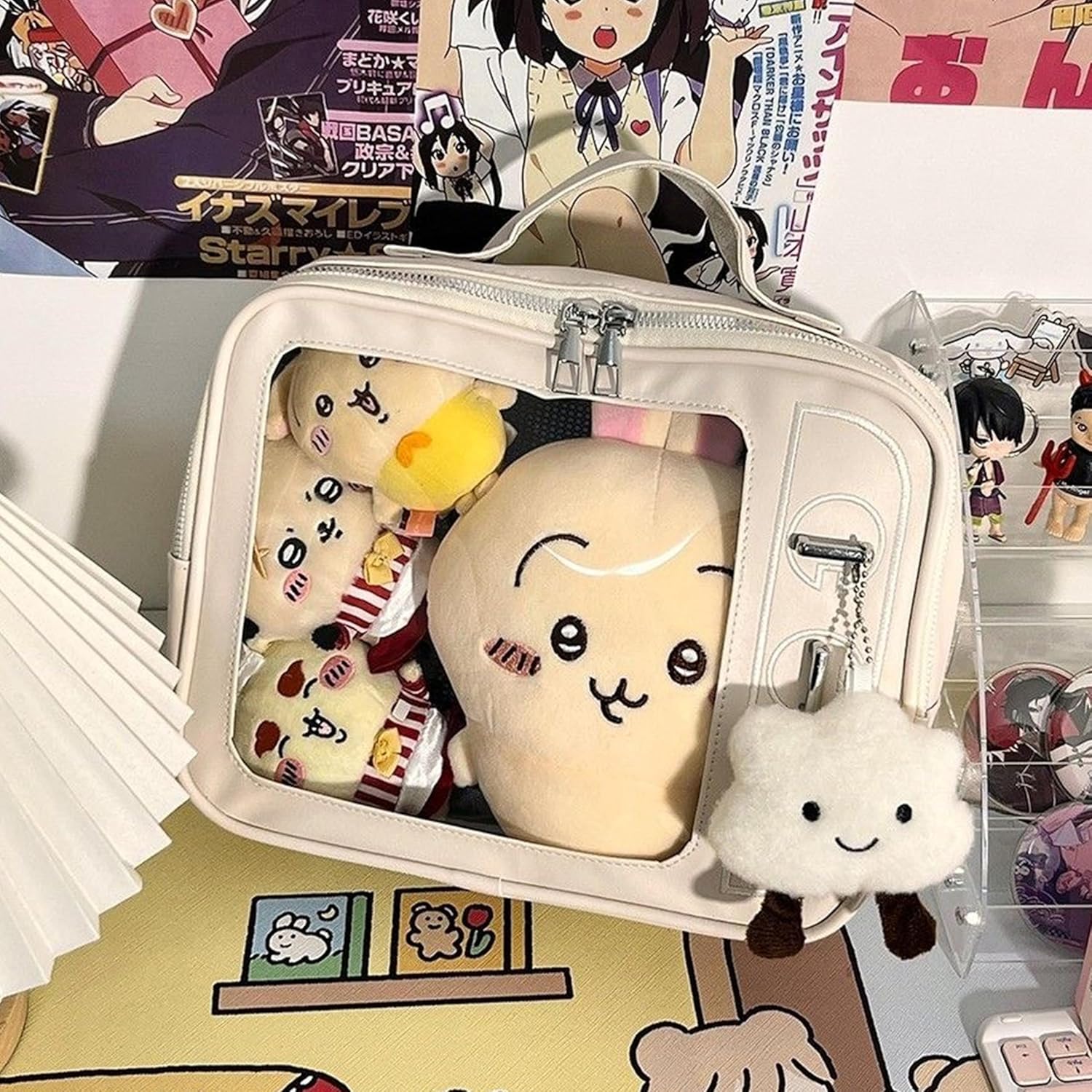 TTCAYU TV TV Shape Ita Bag For Dolls Fixed Grid Panel Adjustable Crossbody Plush Display Backpack with Wide Display Compartment (White-TV)