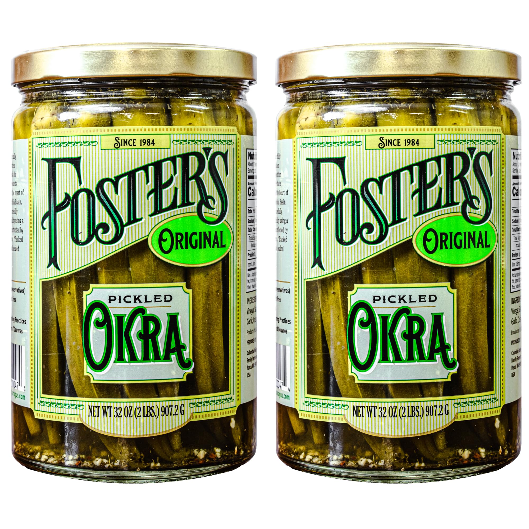 Foster's Pickled Okra in Jar, Original, 32oz, 2 Pack, Traditional Pickled Vegetables Recipe for over 40 years, Low Calorie Snack, Gluten Free, Fat and Preservative Free Pickles