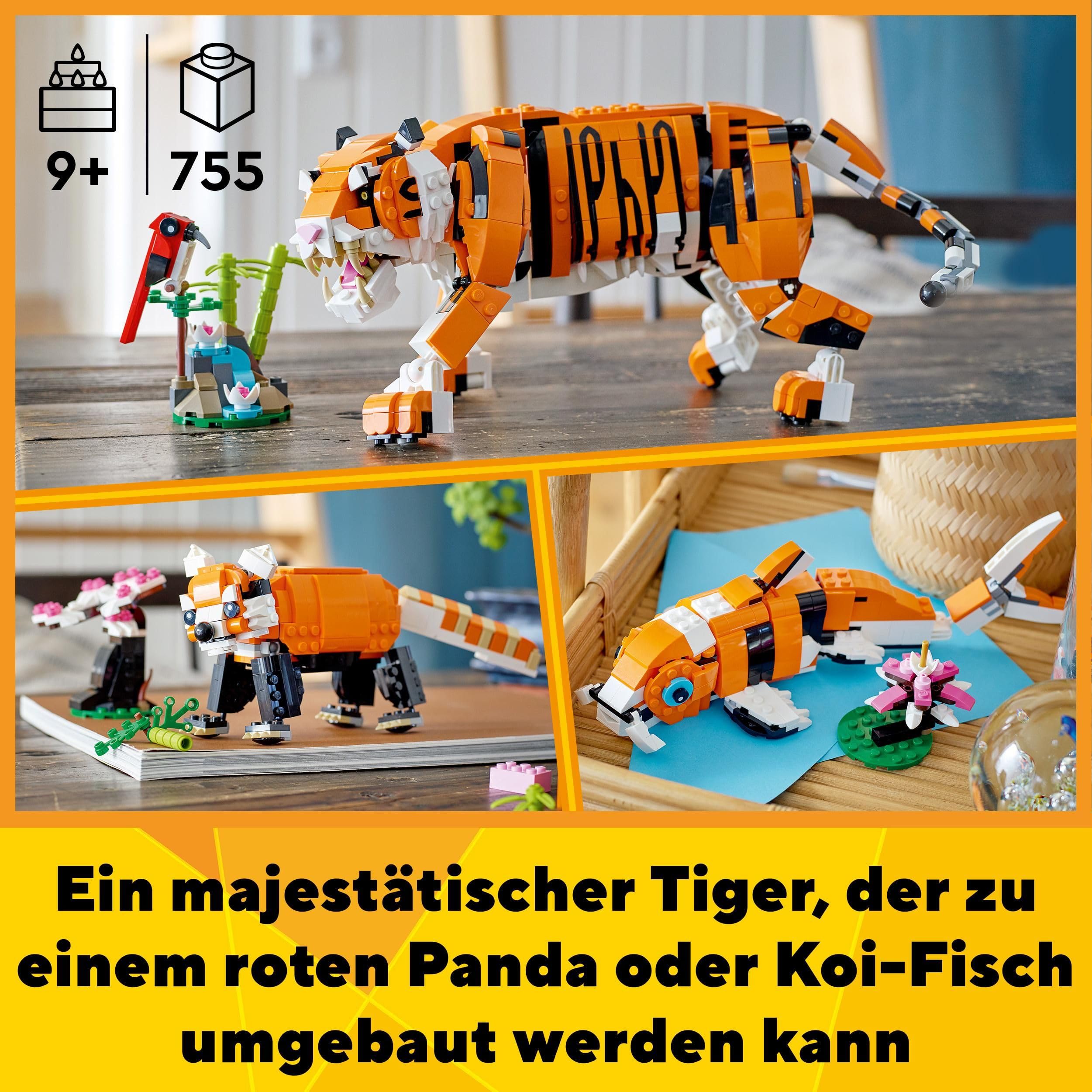 LEGO 31129 Creator Majestätischer Tiger, Panda oder Fisch, 3-in-1 Tierfiguren-Set, Spielzeug für Kinder, Jungen und Mädchen, Konstruktionsspielzeug mit Tieren