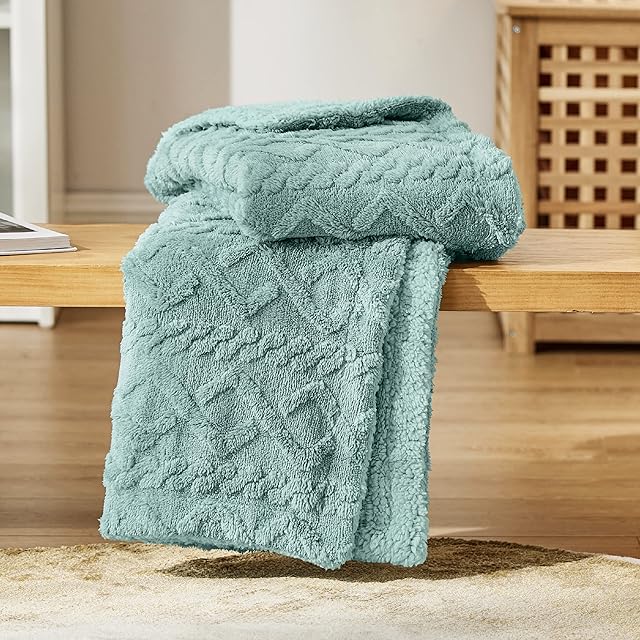 Bedsure Sherpa Fleece Throw Blanket - Fluffy Fuzzy Soft Warm Jacquard Coral Fleece Blanket for Sofa, Bed and Couch, Single, Light Green, 130x150 cm