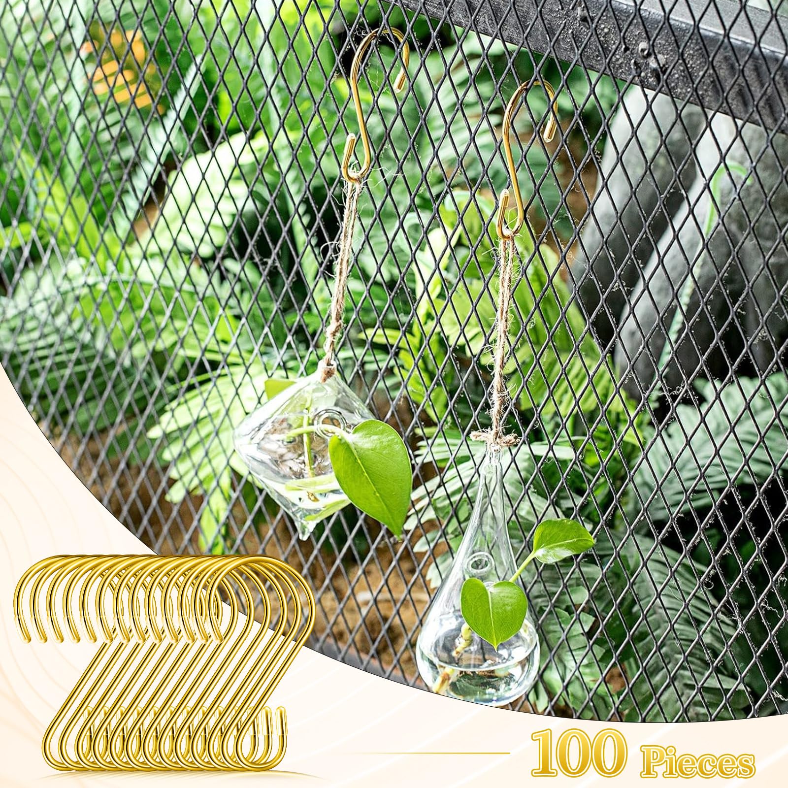Hotop Ganchos de acero inoxidable en forma de S de 3.15 pulgadas, ganchos de metal para colgar cortinas, sartenes, tazas, plantas, bolsos, jeans, toallas (dorado, 100 piezas)