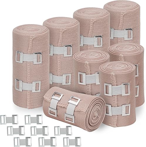 D&H Medical Vendaje elástico Paquete de 8 rollos de vendaje de compresión premium + 8 clips adicionales 4 rollos de cada tamaño (4 pulgadas x 5