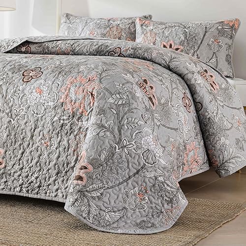 Miniatura 9 de WONGS BEDDING Juego de edredón floral tamaño Queen, juego de ropa de cama tamaño Queen botánico gris, juego de ropa de cama de microfibra suave y