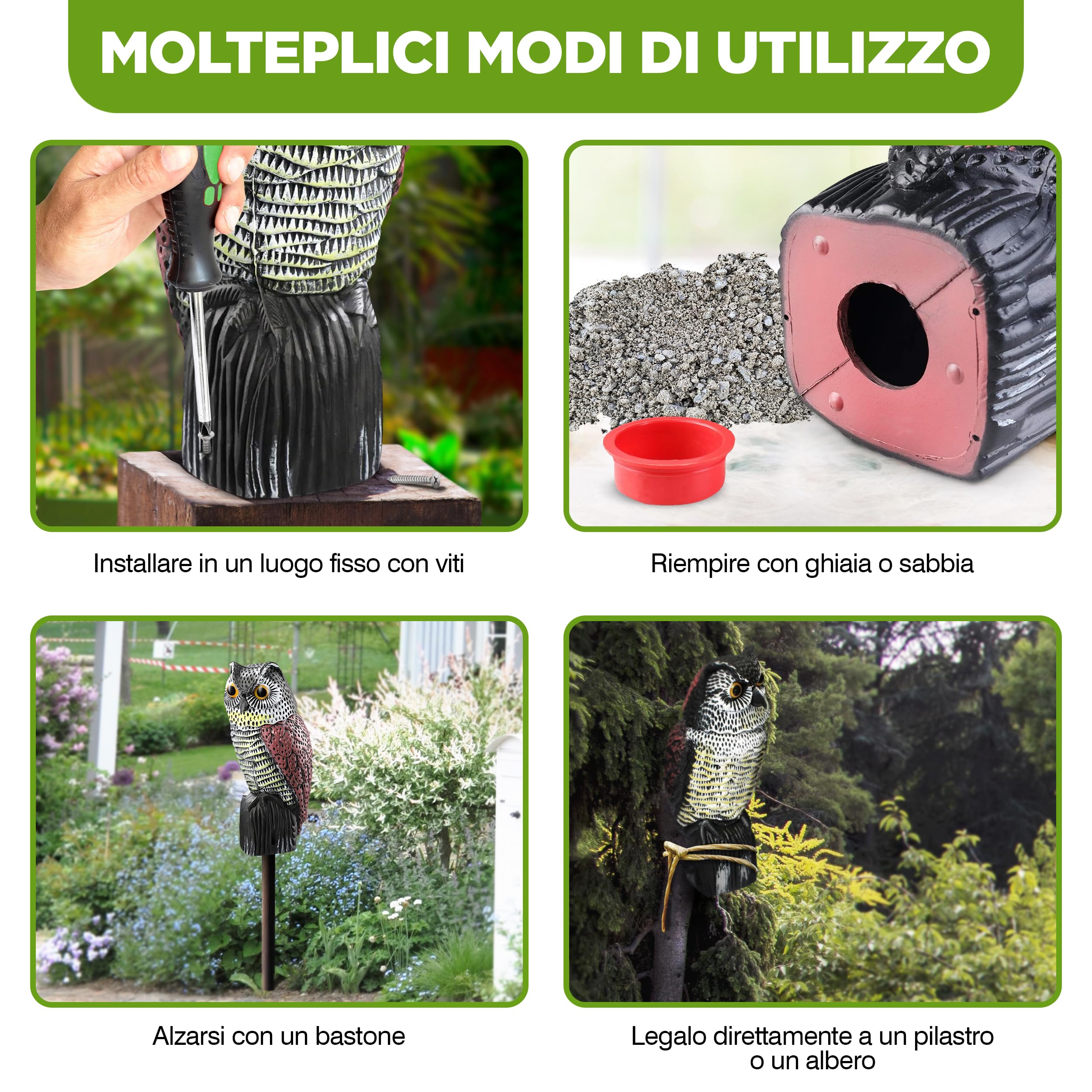 ISOTRONIC richiamo Gufo Controllo Uccelli spaventapasseri Realistico Testa oscillante Repellente piccioni Giardino Balcone frutteto 1 Pezzi Efficace Esterno Protezione Difesa Stop volatili visivo