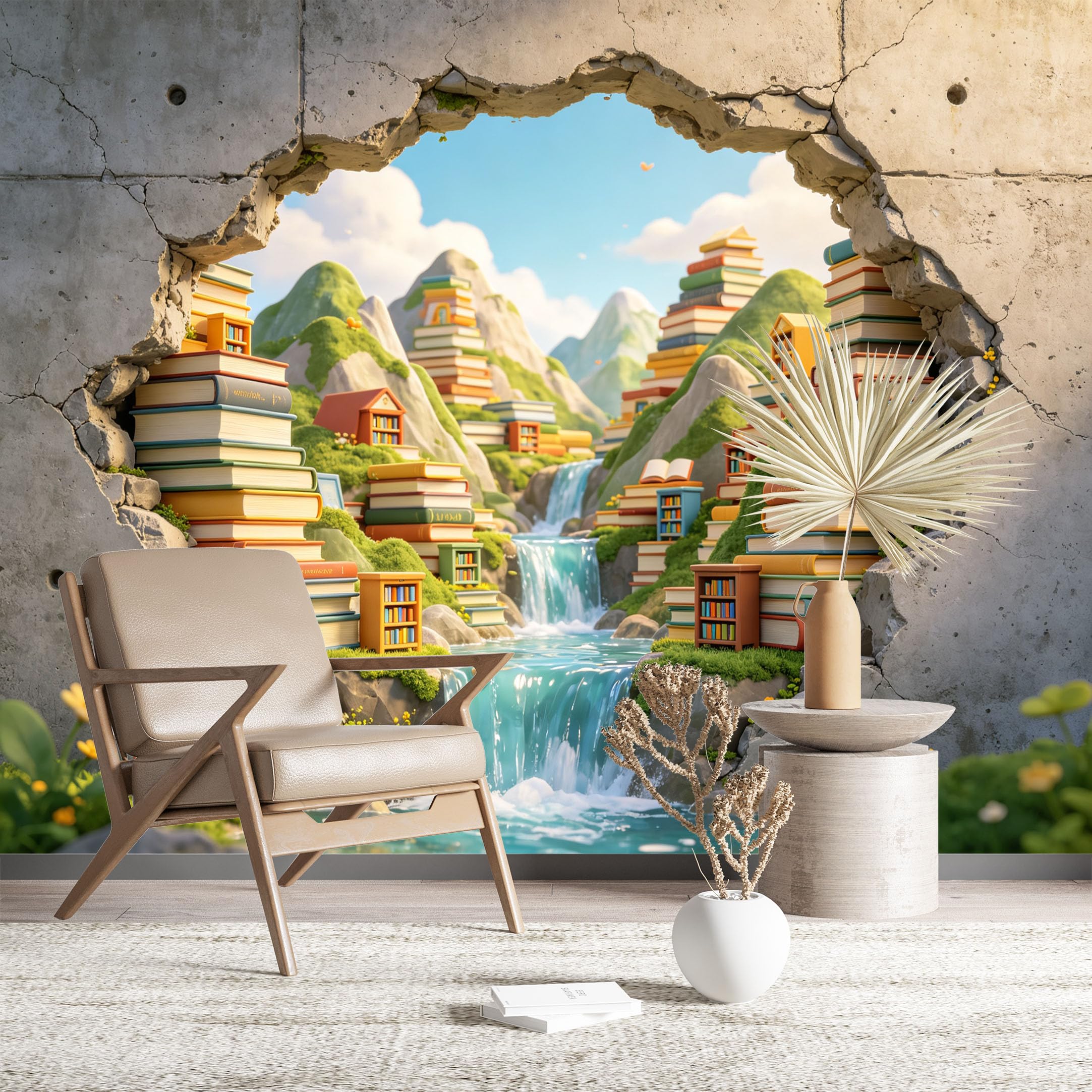 Custom Size Wall Murals Book Waterfall Through Cracked Wall Wall Murals Fantasy Art Wallpaper Wall Stickers Self-Adhesive Removable Wallpaper