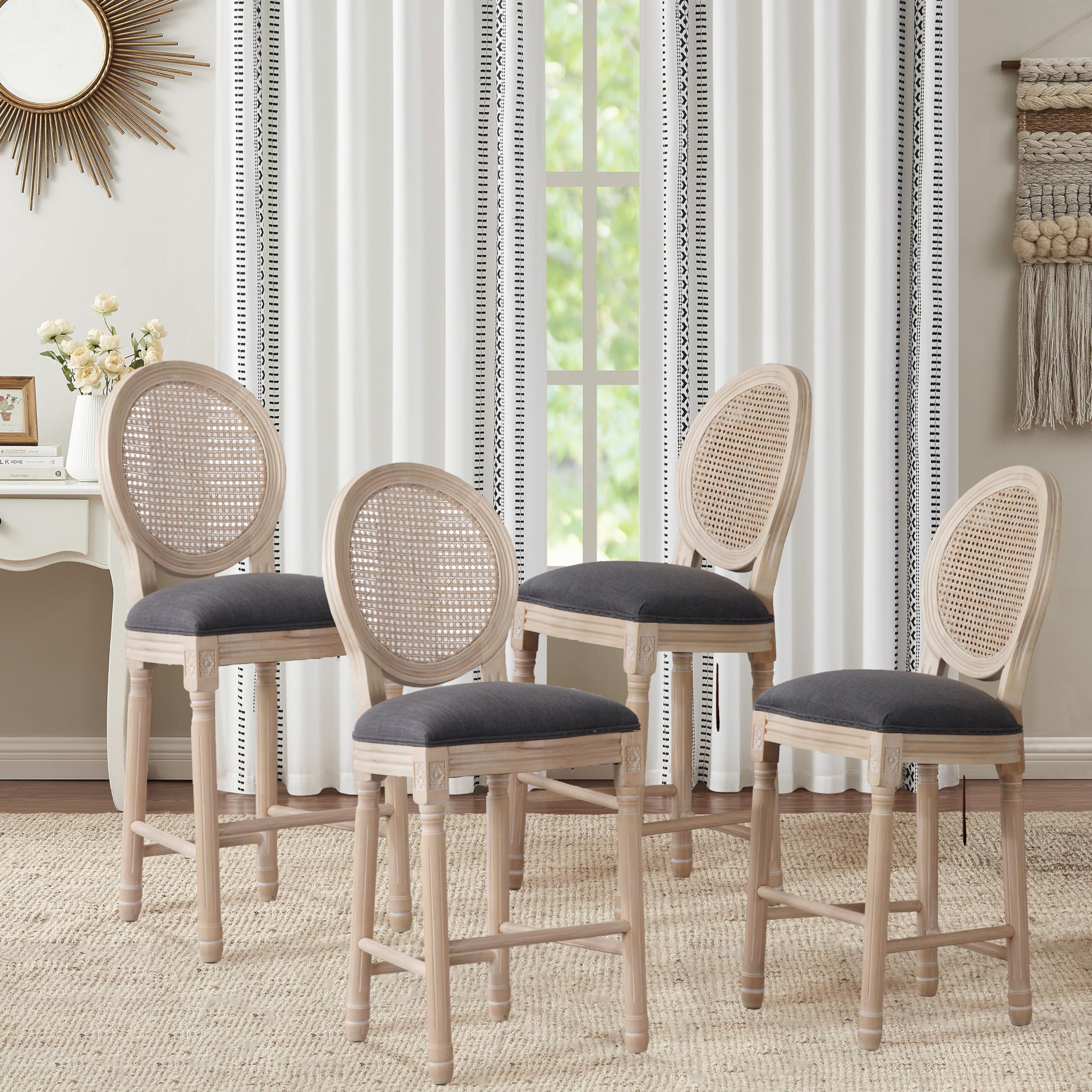 Haplized French Country Bar Stools Set of 4, 26" Seat Height Wooden Barstools with Solid Wood Frame Rattan Back Linen Upholstered Seating, Vintage