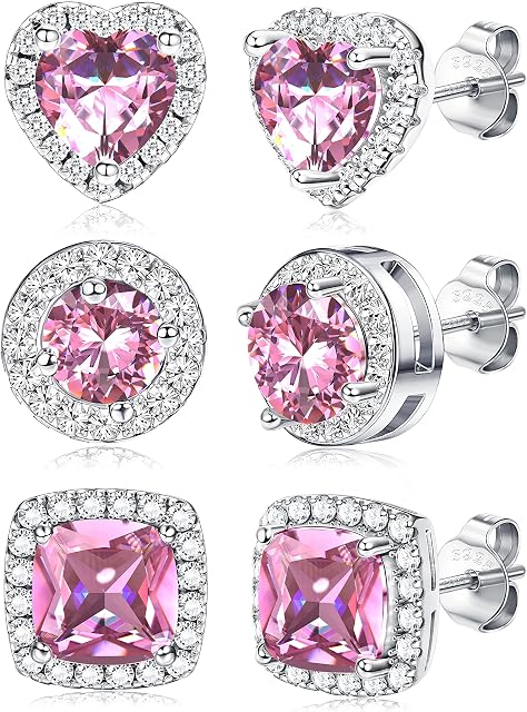 ORAZIO Hypoallergenic 925 Silver Cubic Zirconia Stud Earrings Brilliant Cut Simulated Diamond Square Round Heart CZ Halo Stud Earrings for Women Girls