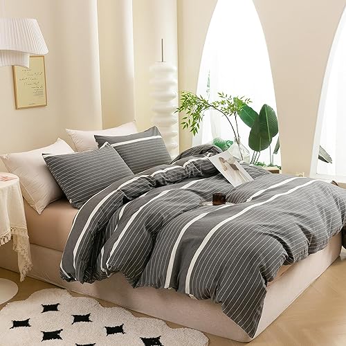 Miniatura 9 de ECOCOTT Juego de funda de edredón de 3 piezas, 100% algodón lavado, 1 funda de edredón con cremallera y 2 fundas de almohada, ultrasuave,