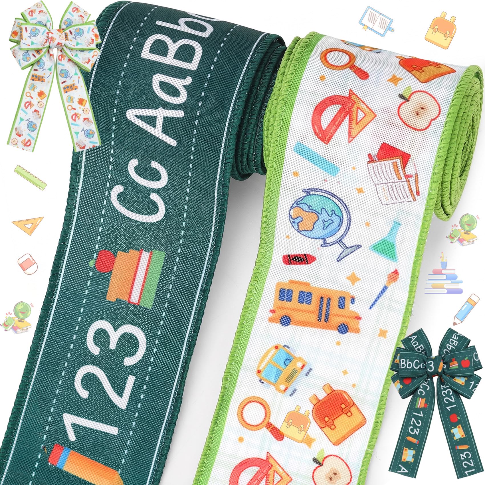 2 Rolls Back to School Ribbon 2.5 Inch 10 Yards Wired Edge Burlap First Day of School Themed Ribbon Preschool Kindergarten Teacher Decor Gift Wrapping Wreath Bow Crafting Supplies Sewing DIY ABC