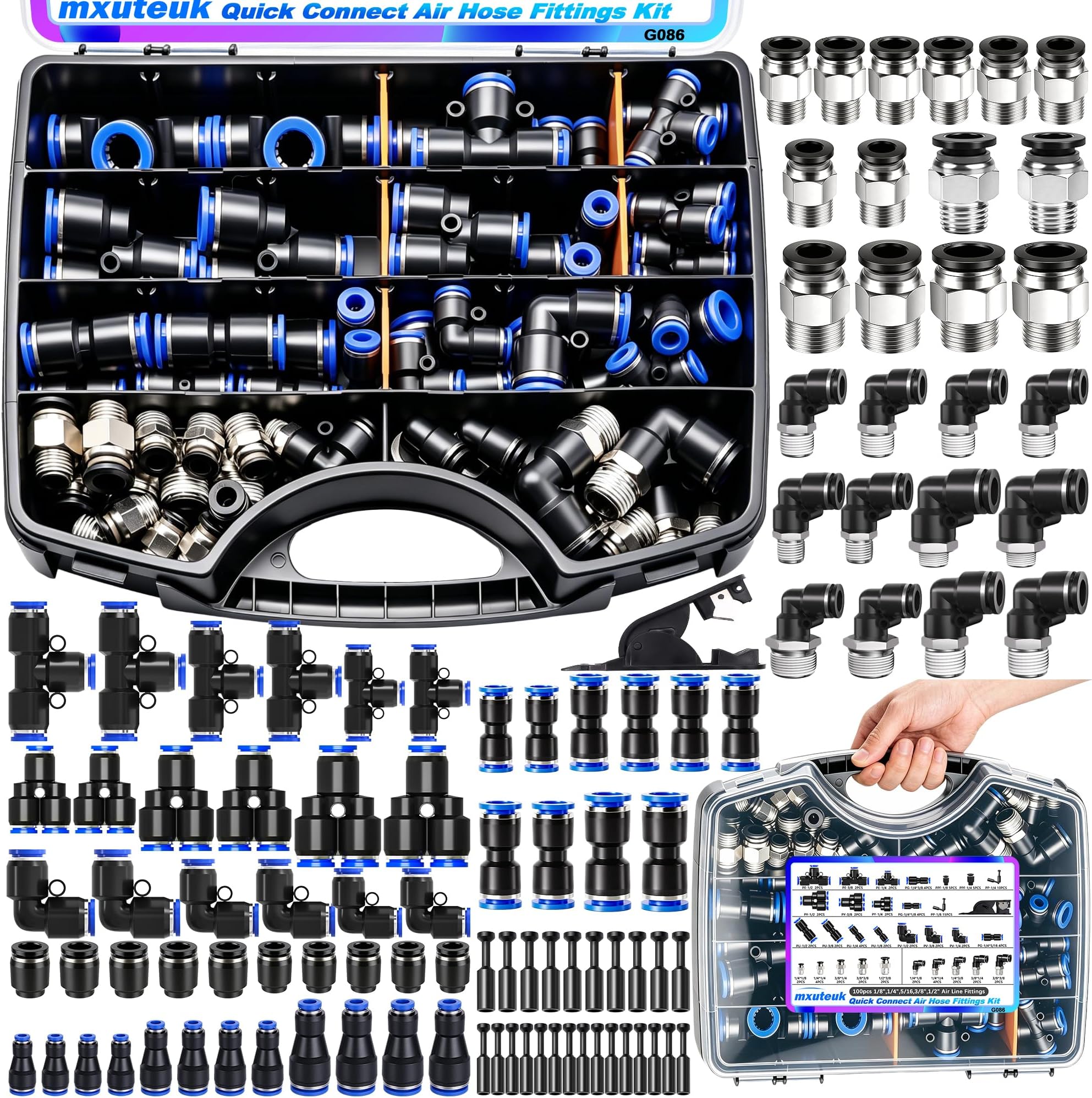 mxuteuk 100PCS Quick Connect Air Hose Fittings Kit,1/8",1/4",3/8",1/2" Push to Connect Fitting,Air Line Quick Connect Fittings,Quick Release Pneumatic Kit
