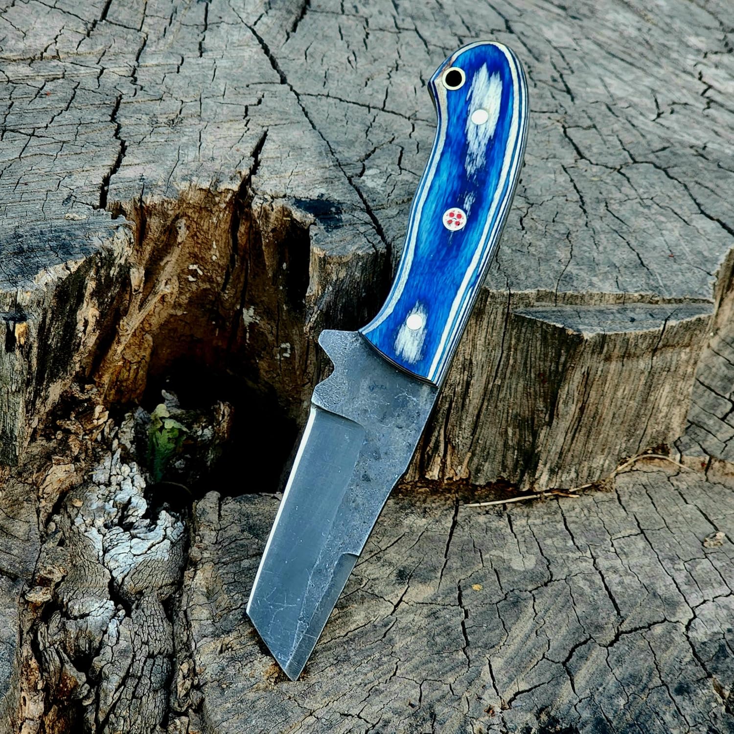 Wolf Cut Handmade 1095 Steel Bull cutter knife lineman hawkbill knife Outdoor Hunting knife, 7.5" inch EDC Fixed blade electrician Knife, Cowboy knife, Utility Knife With Classic Pancake leather Sheath (Blue wood)