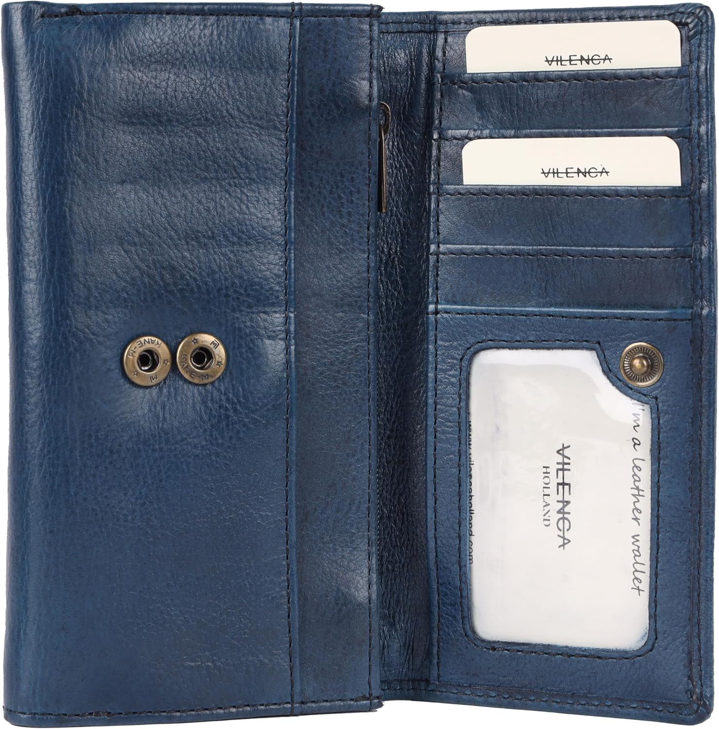 Vintage Italian Leather Boho Studded Trifold Wallet – Zipper Coin Purse & Credit Card Holder for Women (Navy)