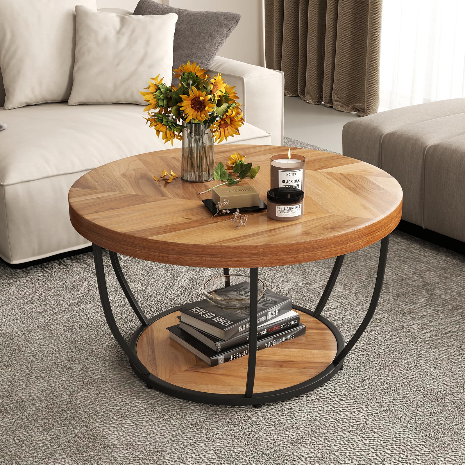 GOPLUS Mesa de Centro Redonda de 2 Niveles, Mesa de Café con Marco Metálico y Estante de Madera, Estilo Rústico con Pies Ajustables, para Salón, Dormitorio y Oficina, Carga 90KG, D.80x45CM (Natural)