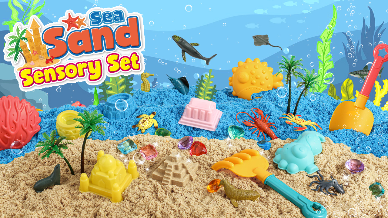 FRUSE Arena Mágica De Mar Con 1 Kg De Arena Cinética | Incluye 12 Animales Marinos, Moldes Y Caja Con Tapa | Juguete Sensorial Para Niños De 3 A 8 Años