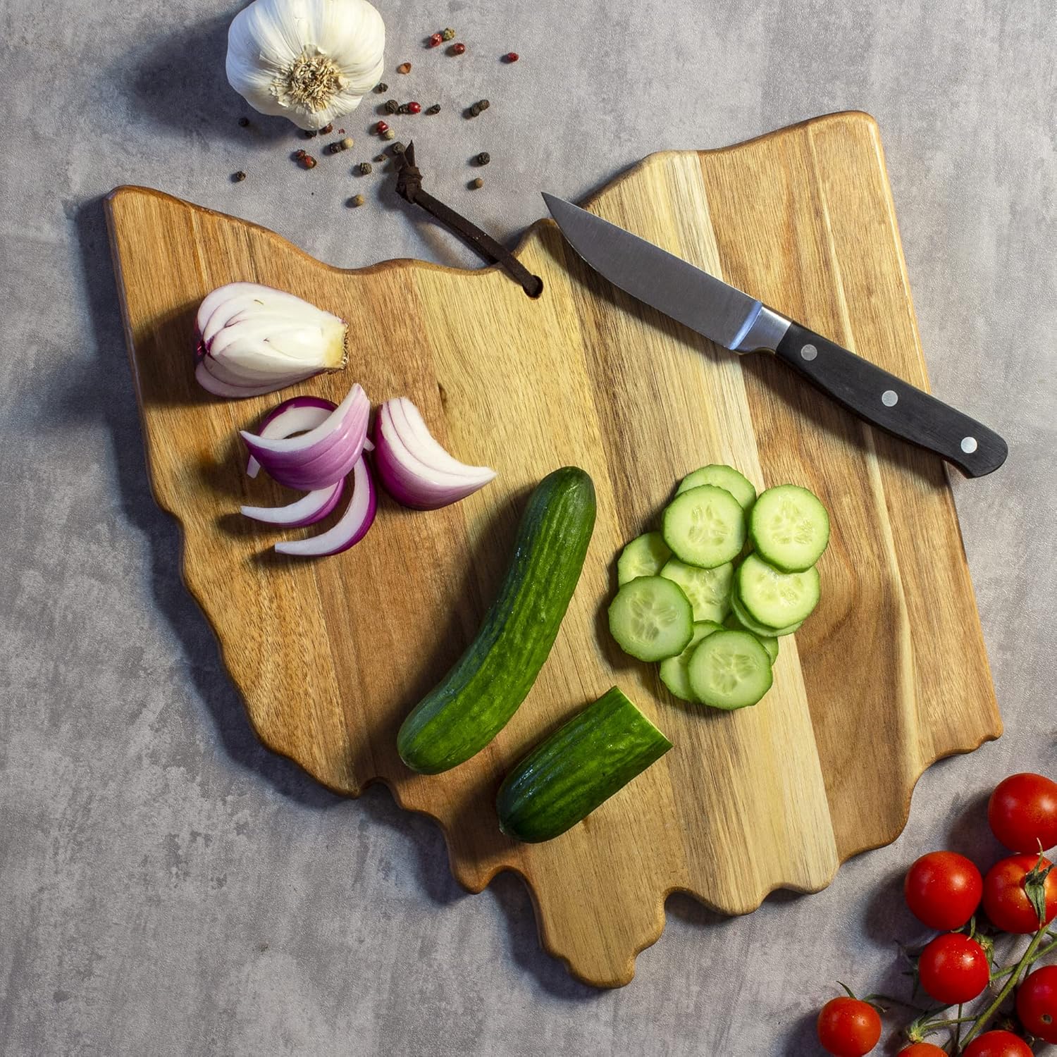 Totally Bamboo Rock & Branch Origins Series Ohio State Shaped Cutting Board and Charcuterie Serving Tray, Includes Hang Tie for Wall Display - Image 5